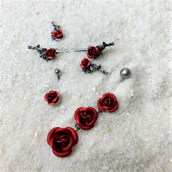 Clear Gem Red Rose Flower and Gun Dangle Belly Ring - Image 2