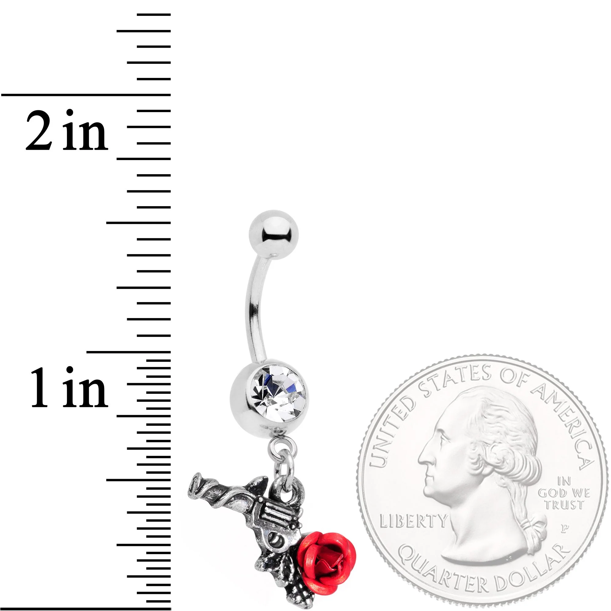 Clear Gem Red Rose Flower and Gun Dangle Belly Ring - Image 3