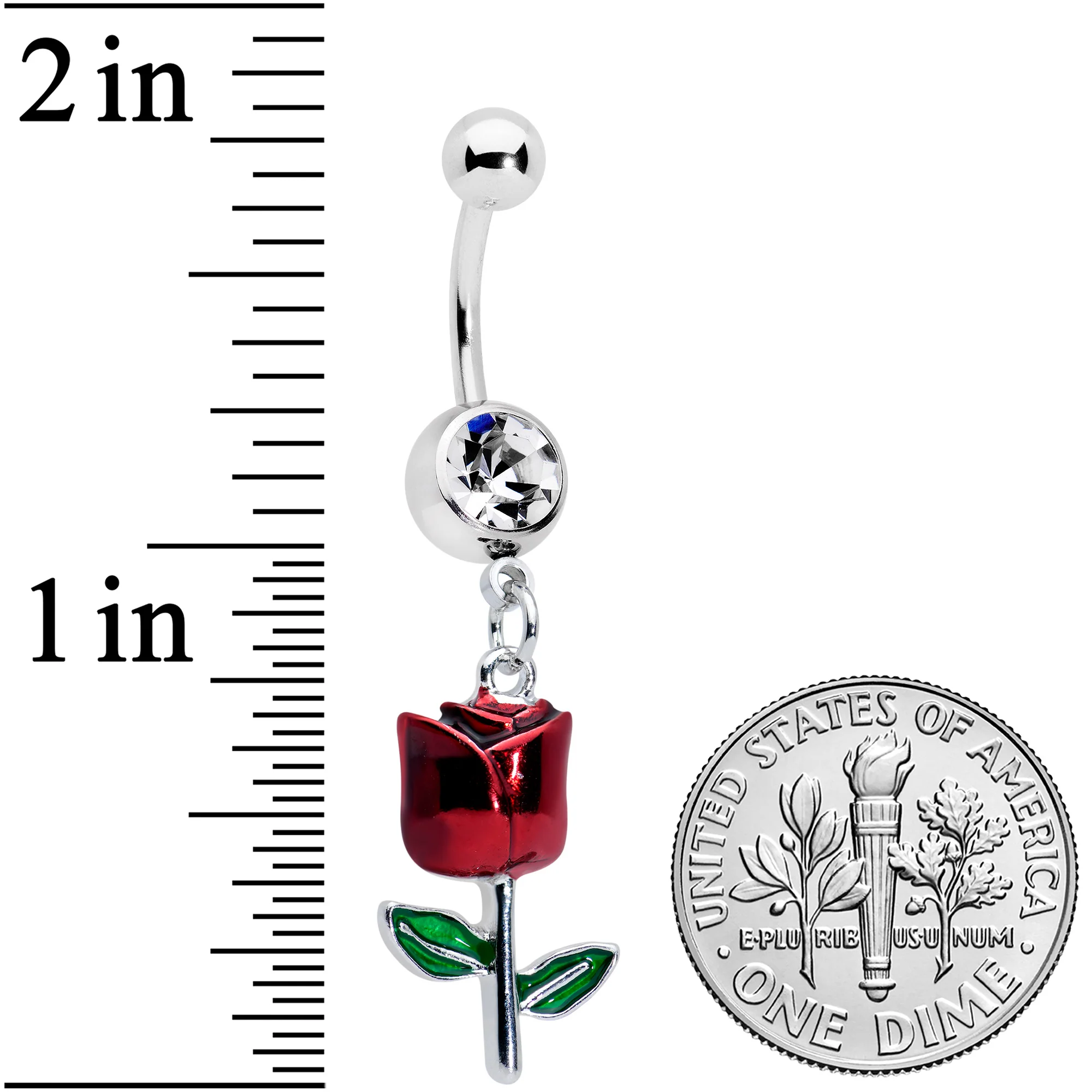 Clear Gem Red Rose Flower Valentines Dangle Belly Ring - Image 2