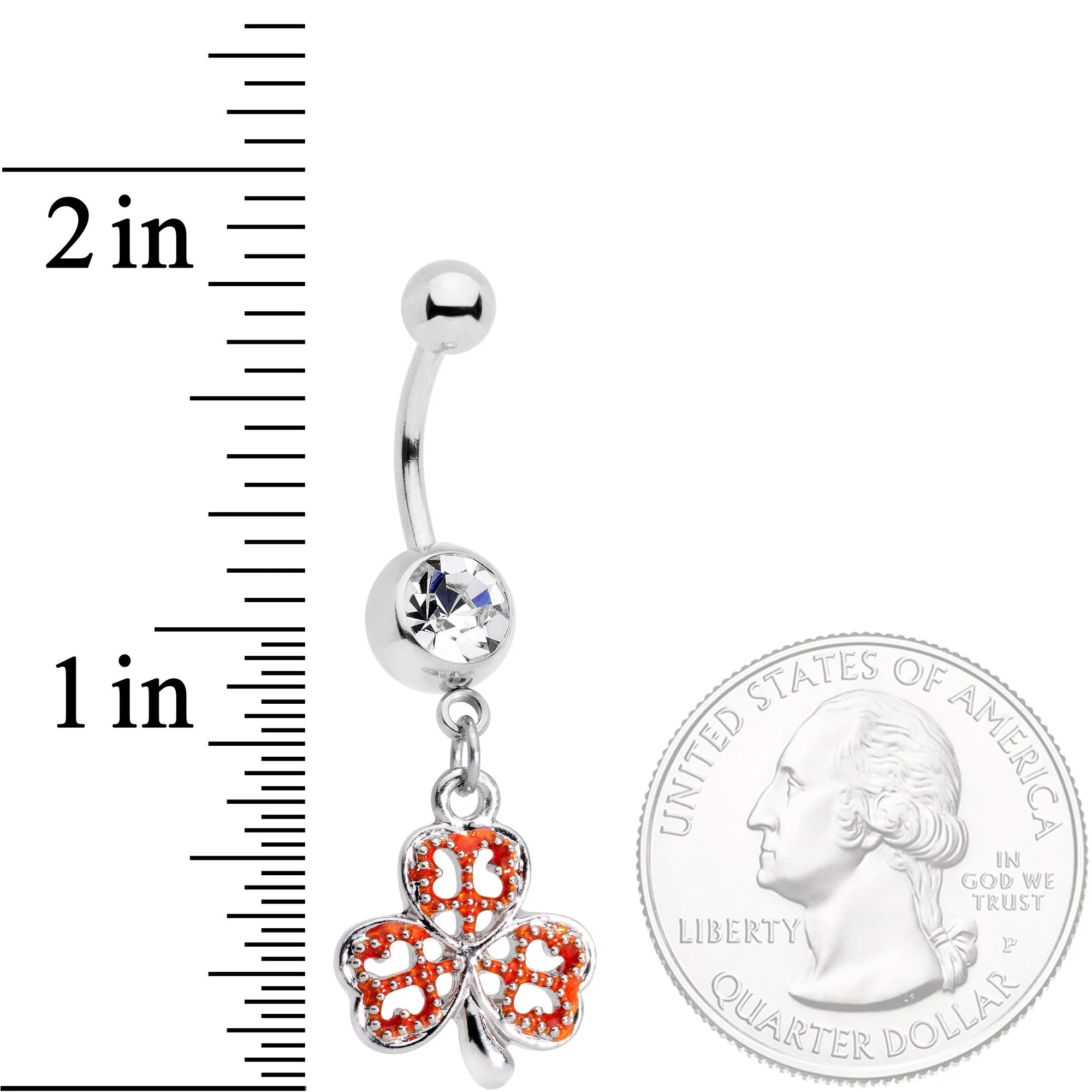Clear Gem Red St Patricks Day Shamrock Dangle Belly Ring - Image 2