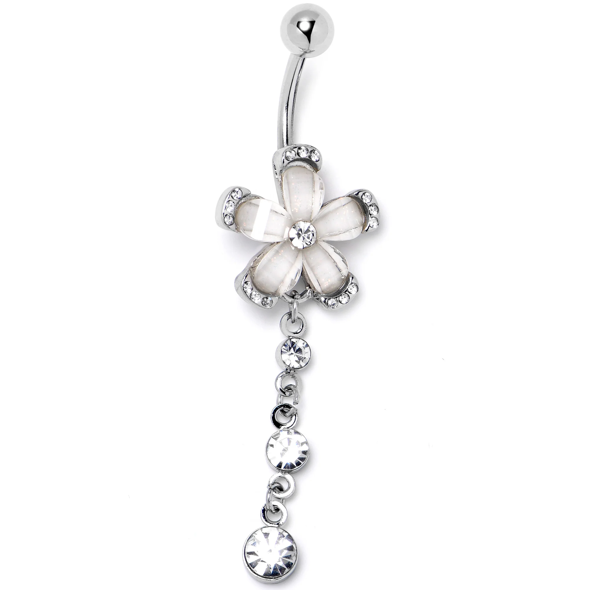 Clear Gem Retro Flower Glamour Dangle Belly Ring - Image 3