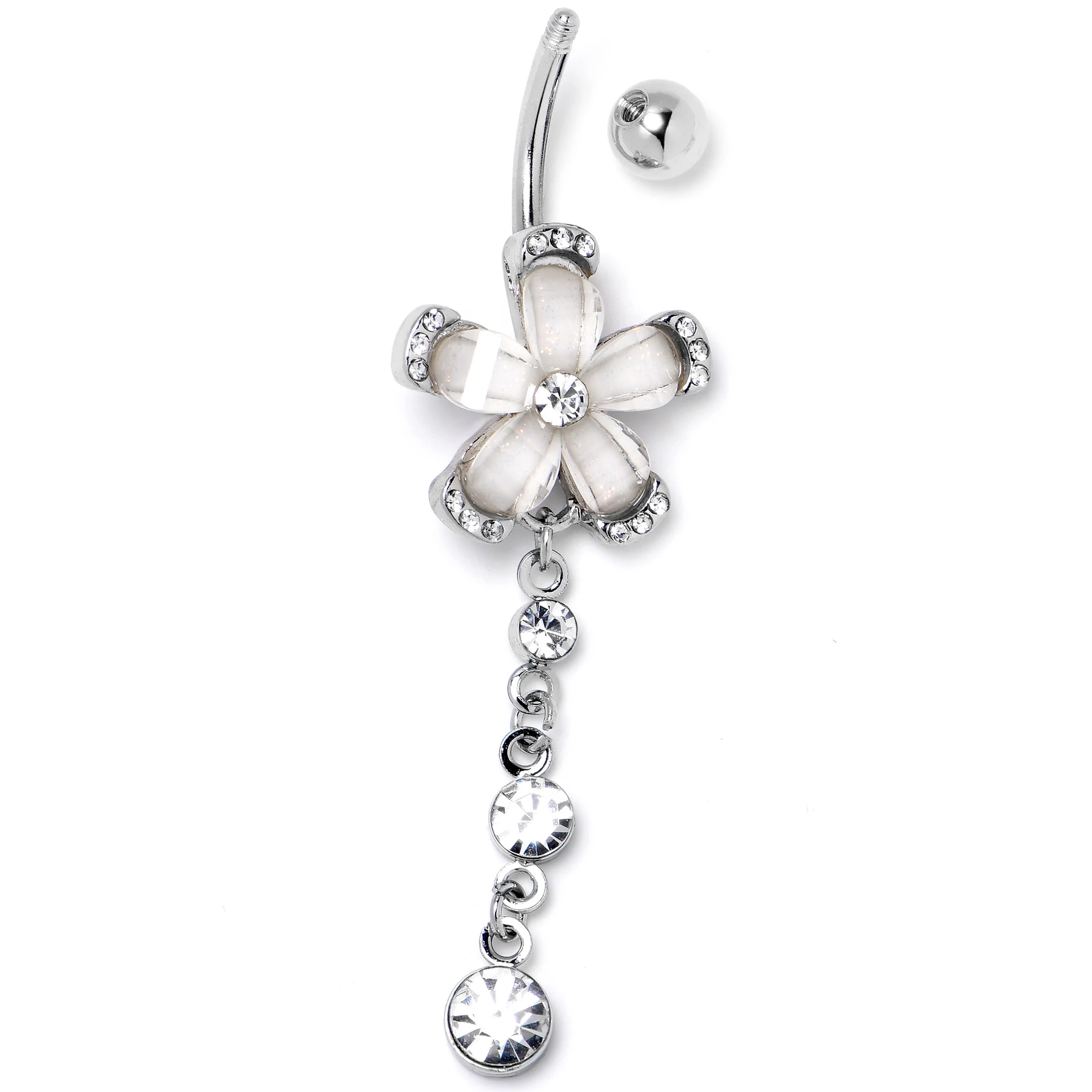 Clear Gem Retro Flower Glamour Dangle Belly Ring - Image 4