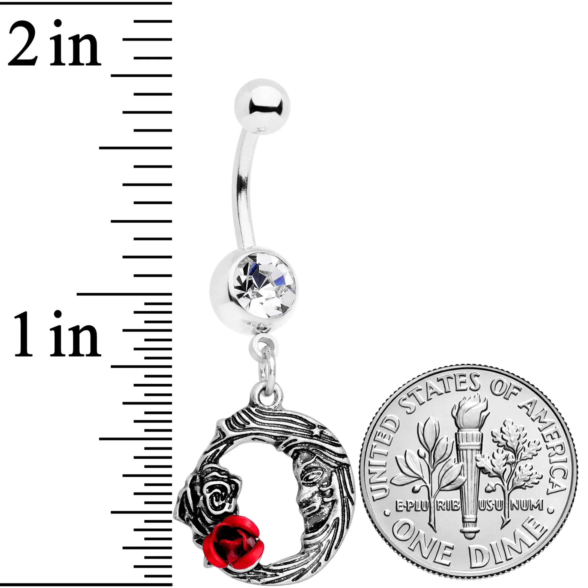 Clear Gem Rose Flower Moon Dangle Belly Ring - Image 2