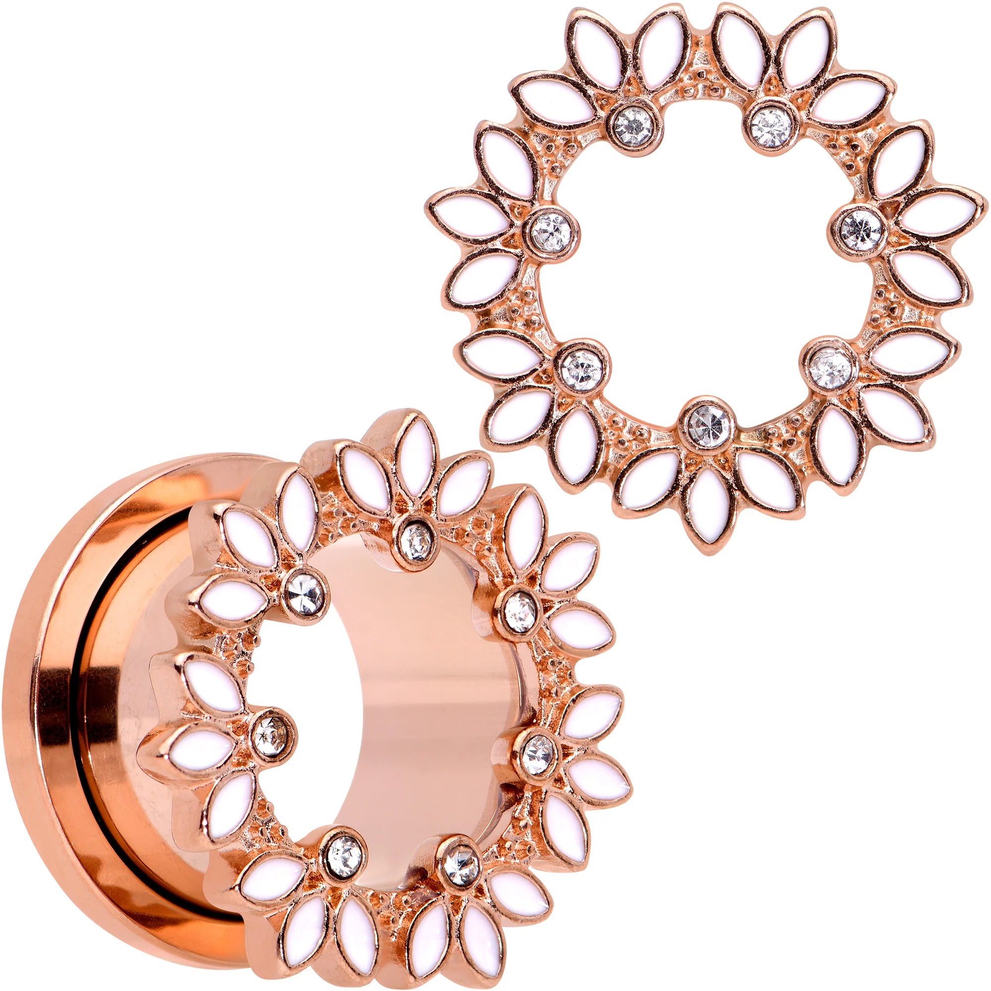Clear Gem Rose Gold Tone White Leaves Screw Fit Tunnel Plug Set - Image 10