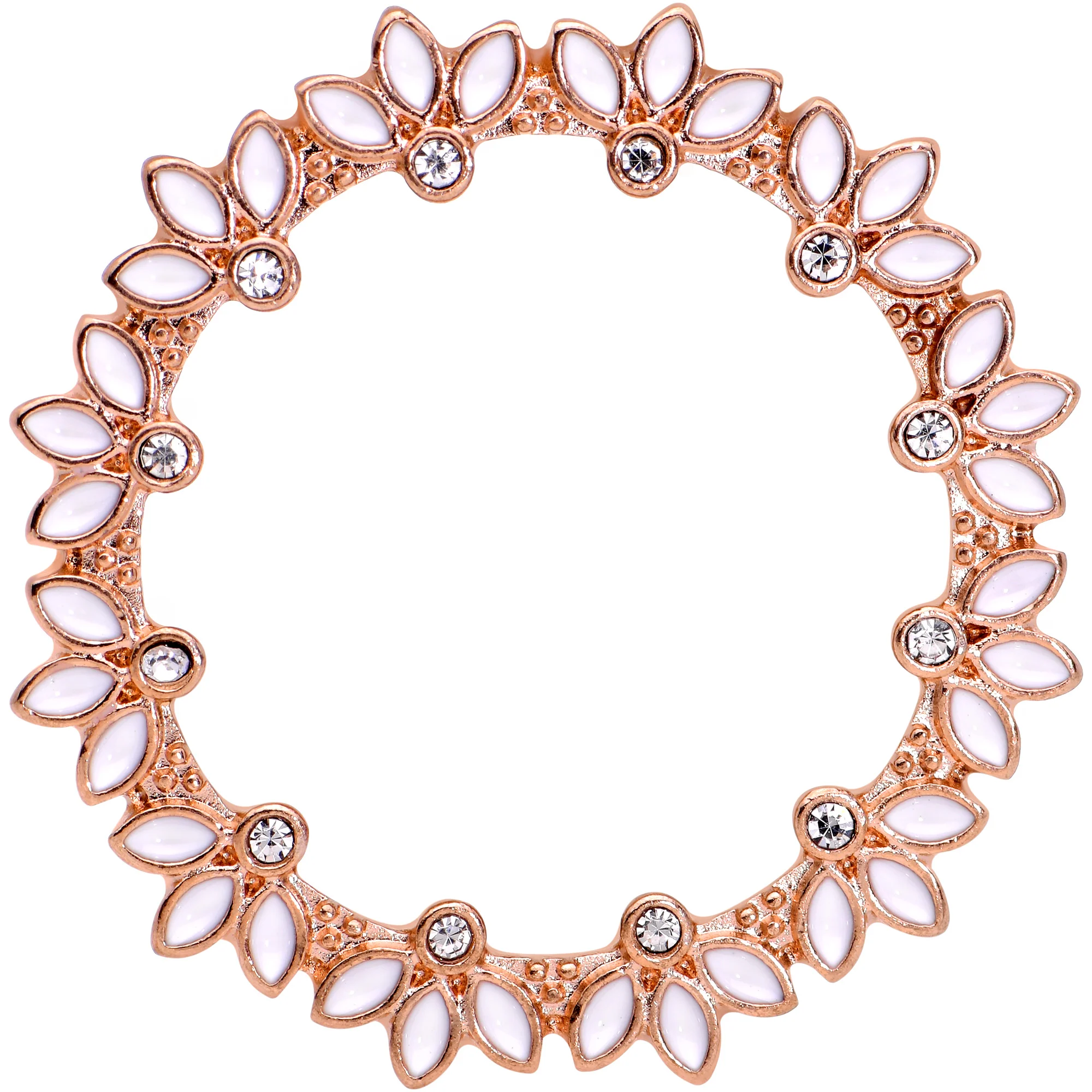 Clear Gem Rose Gold Tone White Leaves Screw Fit Tunnel Plug Set - Image 4