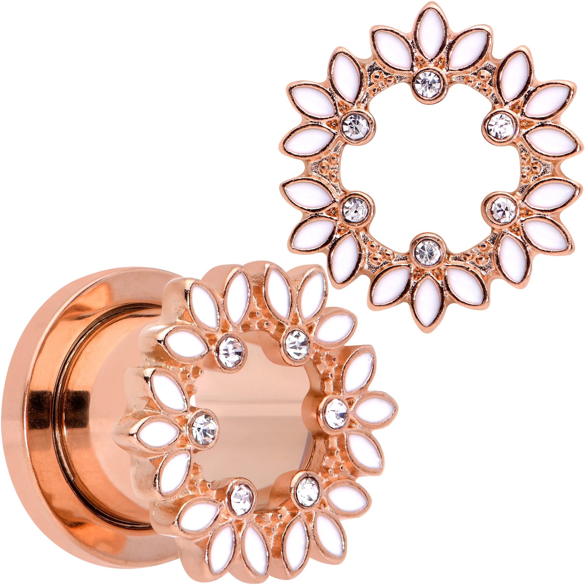 Clear Gem Rose Gold Tone White Leaves Screw Fit Tunnel Plug Set - Image 6