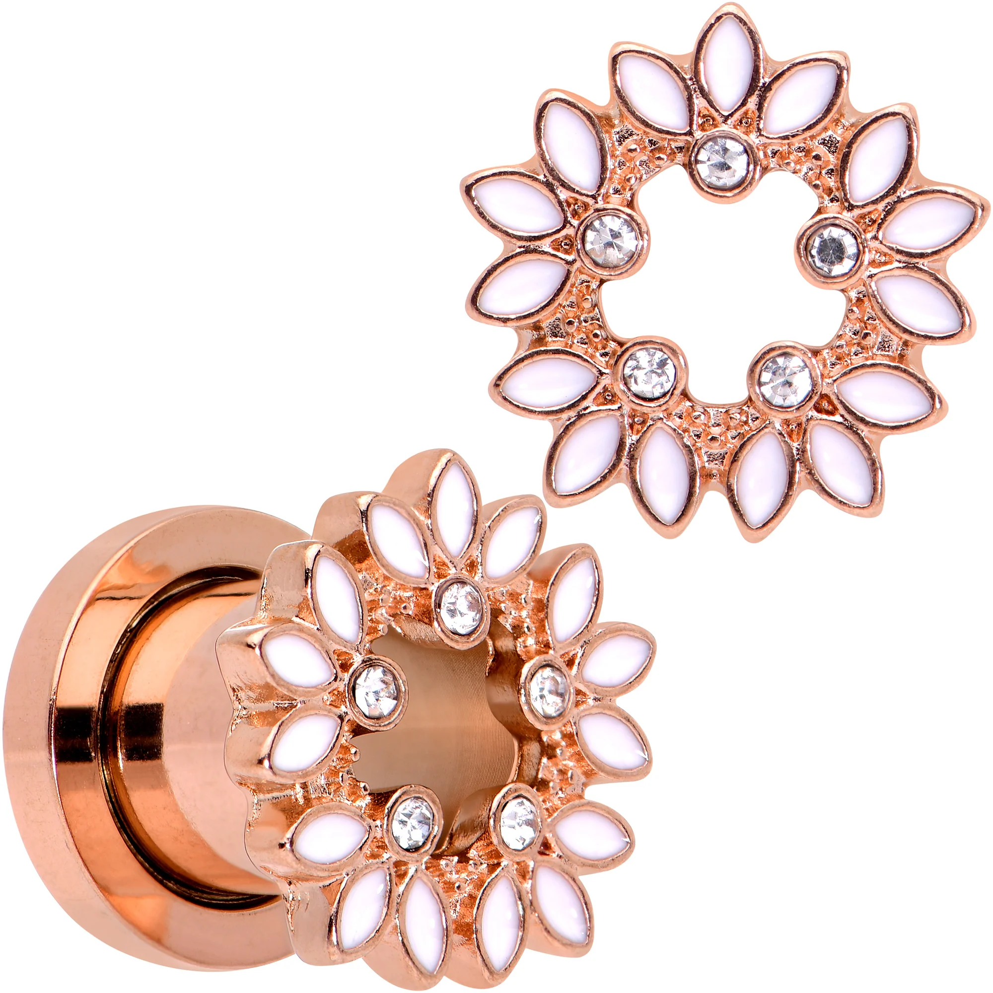 Clear Gem Rose Gold Tone White Leaves Screw Fit Tunnel Plug Set - Image 7