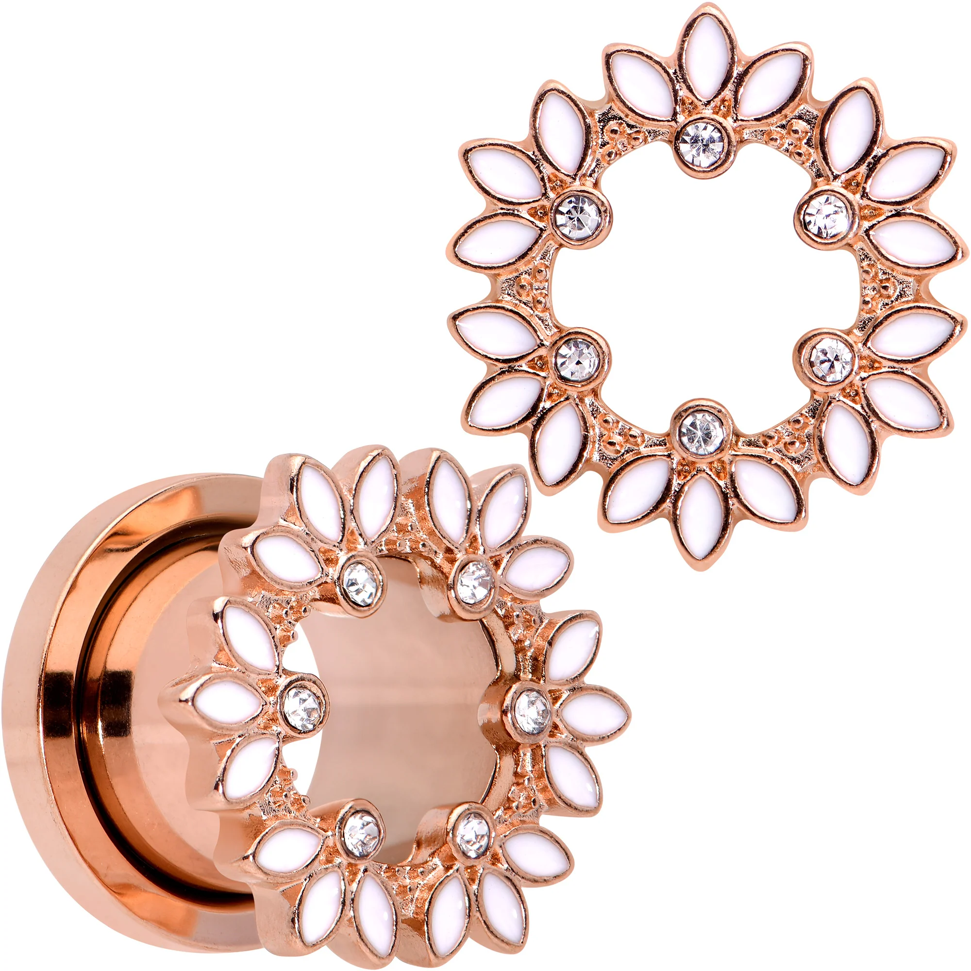 Clear Gem Rose Gold Tone White Leaves Screw Fit Tunnel Plug Set - Image 8