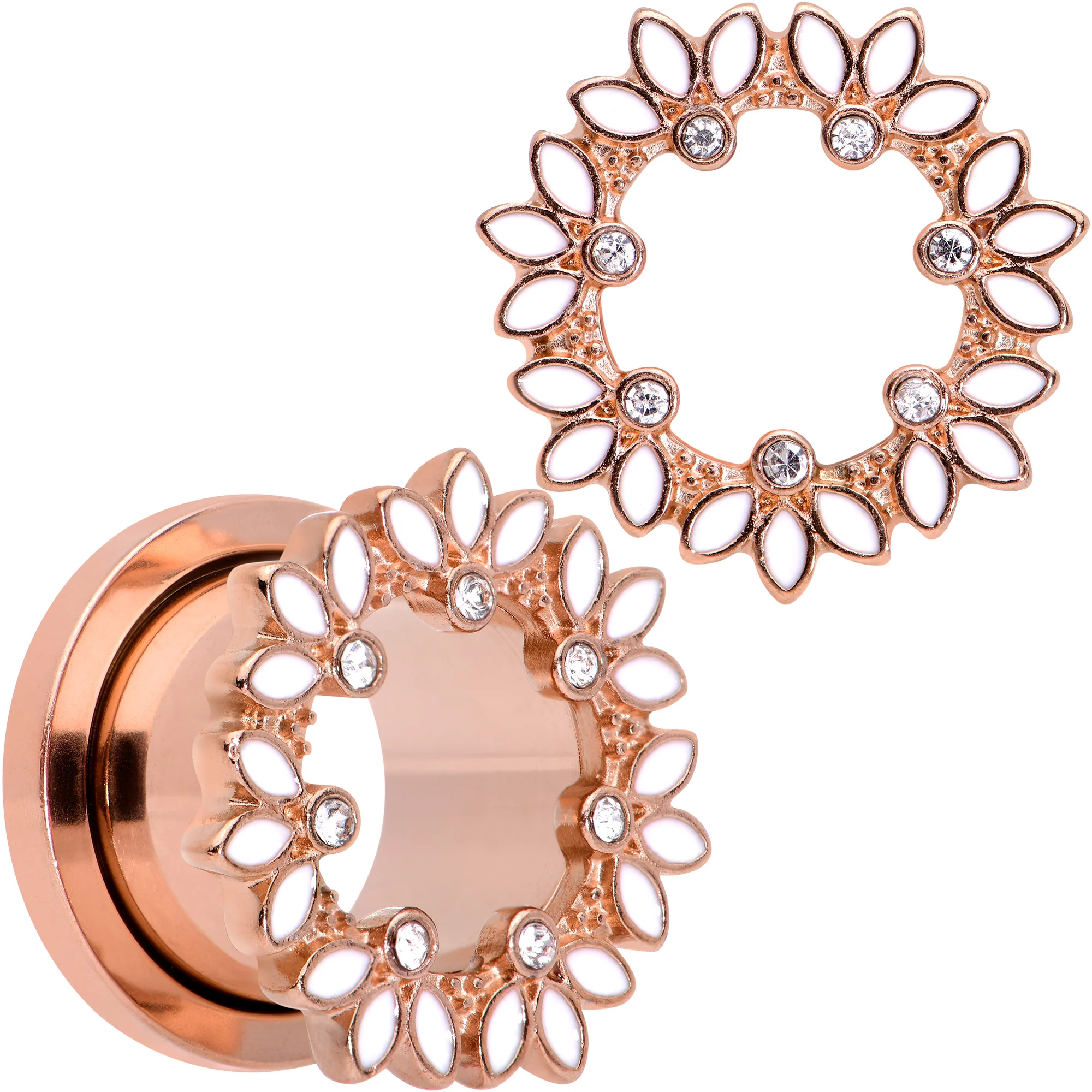 Clear Gem Rose Gold Tone White Leaves Screw Fit Tunnel Plug Set - Image 9