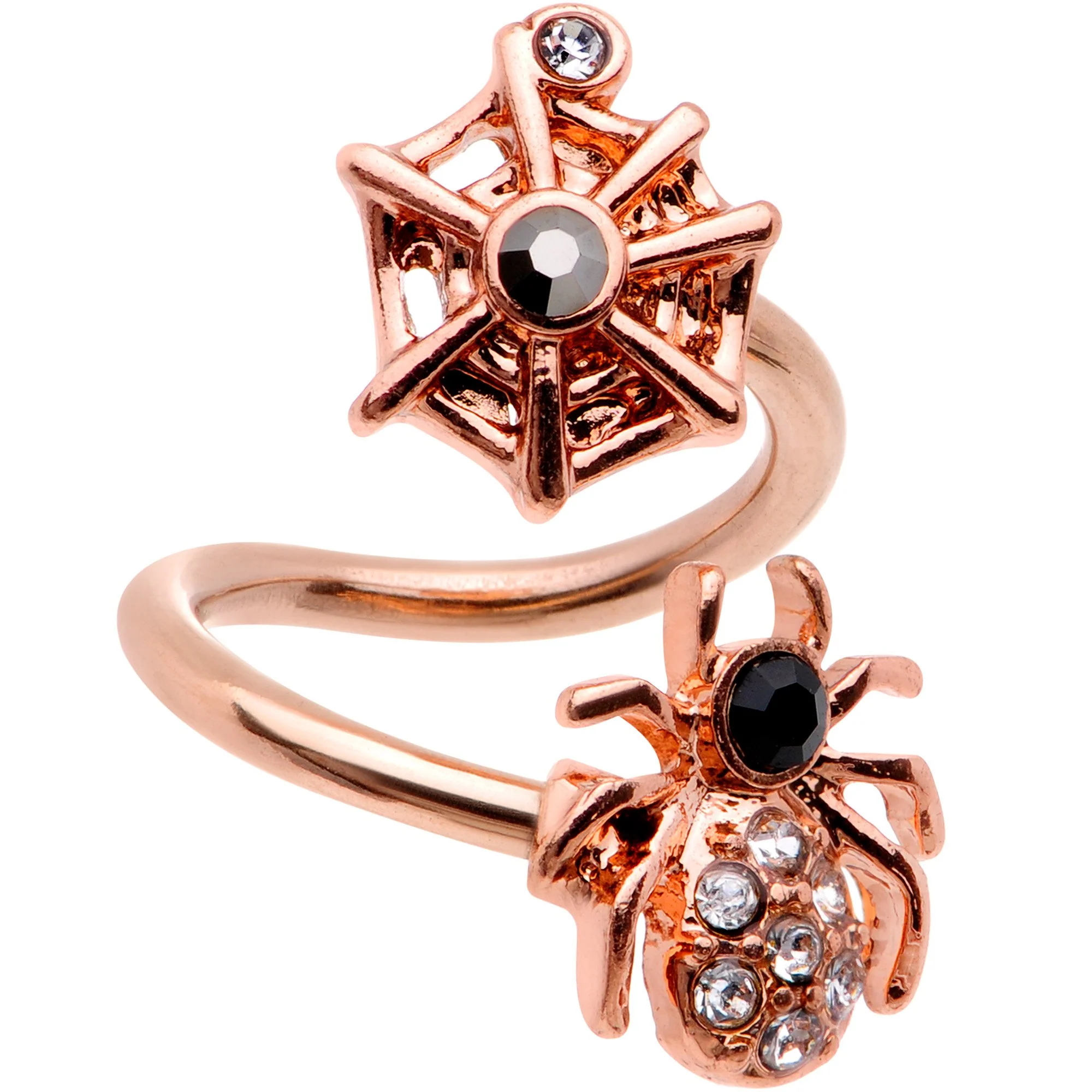 Clear Gem Rose Gold PVD Spider Web Spiral Twister Belly Ring - Image 2