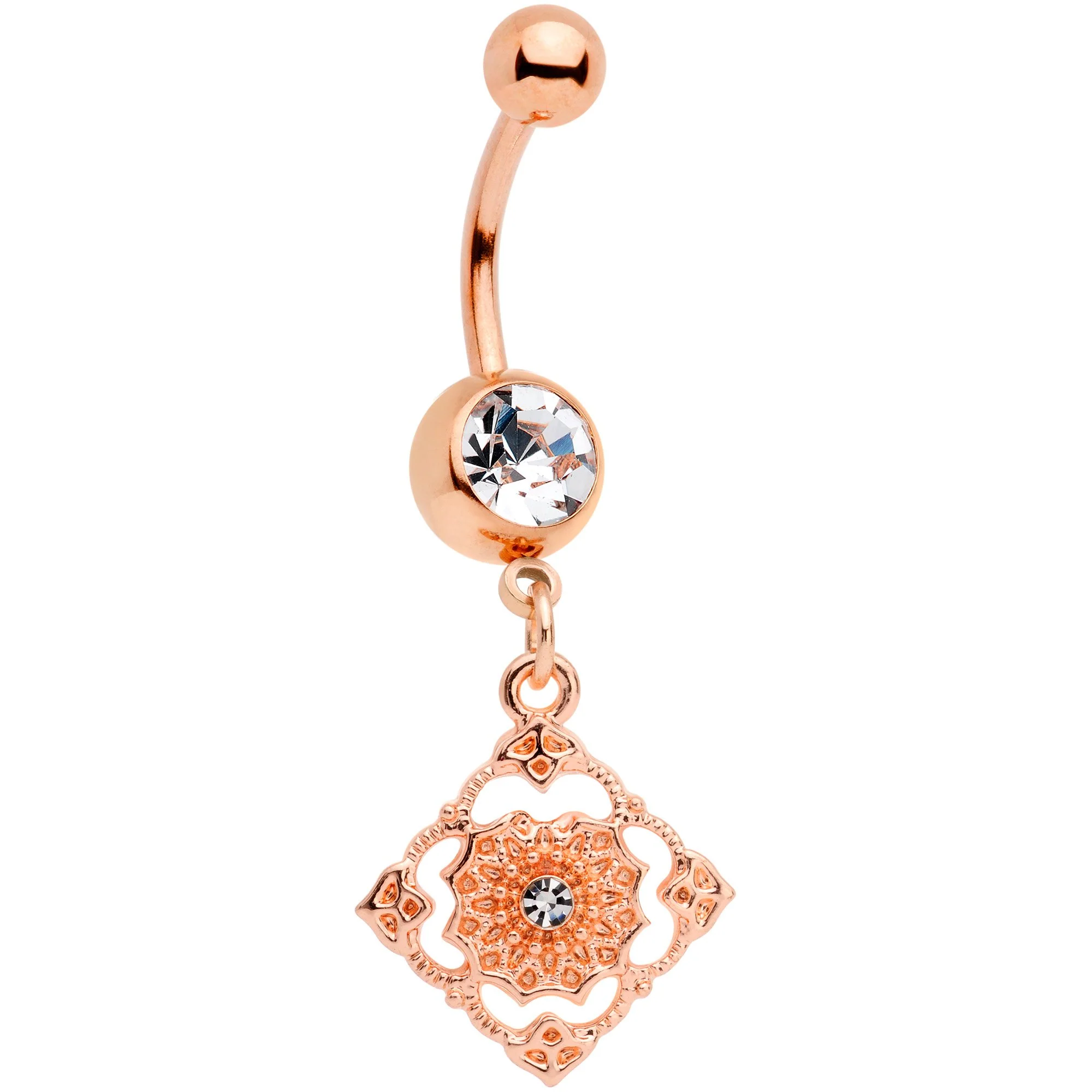 Clear Gem Rose Gold Tone Art Deco Elegance Dangle Belly Ring
