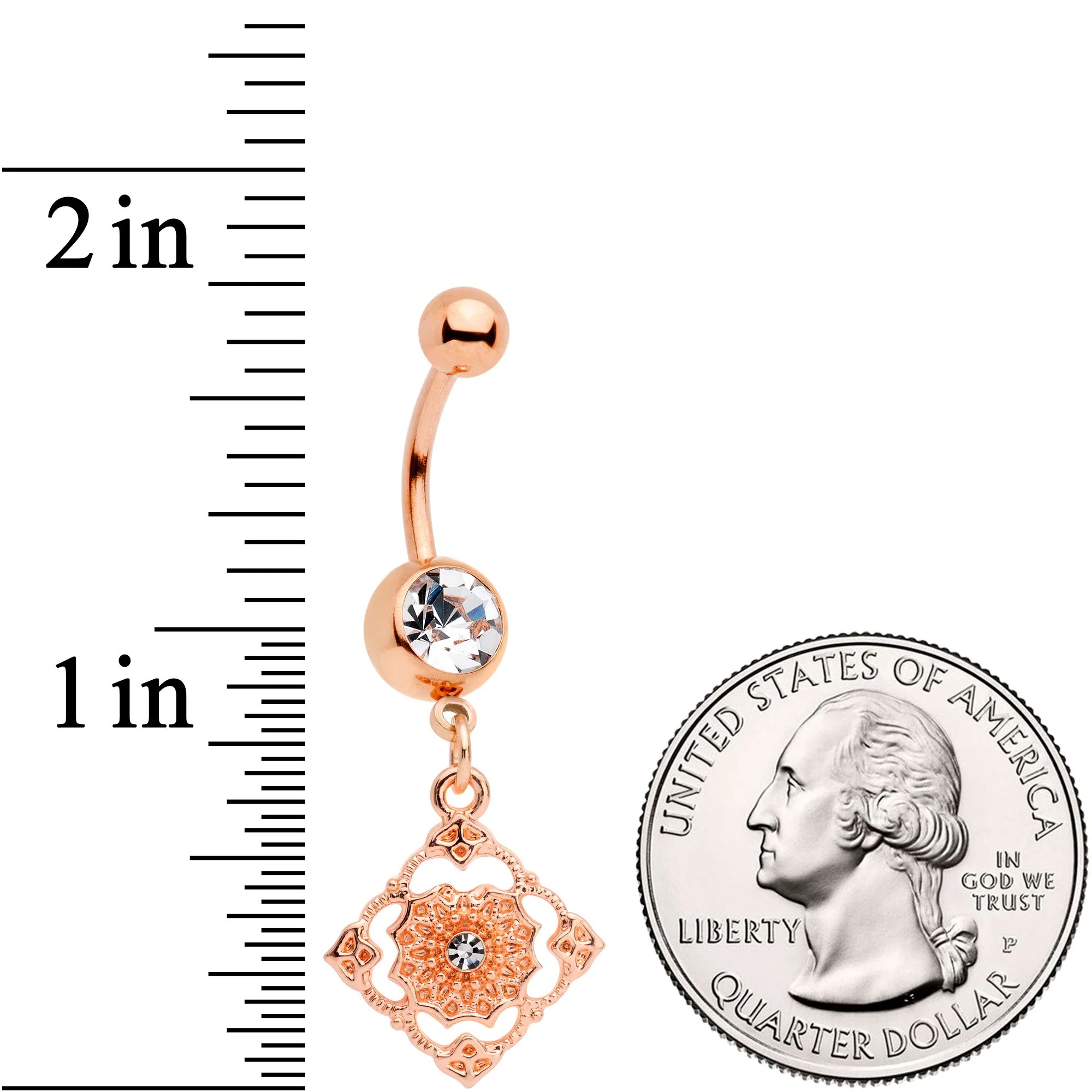 Clear Gem Rose Gold Tone Art Deco Elegance Dangle Belly Ring - Image 2