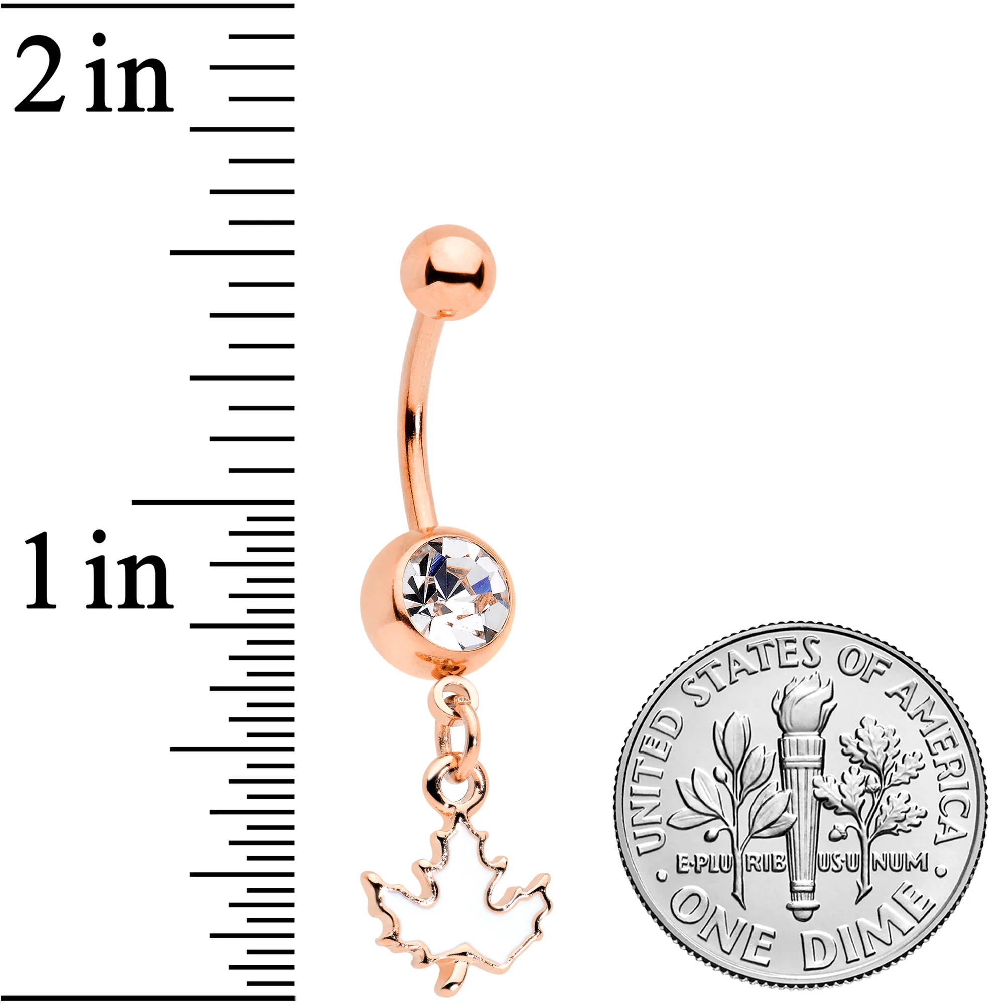 Clear Gem Rose Gold Tone Autumn White Maple Leaf Dangle Belly Ring - Image 2