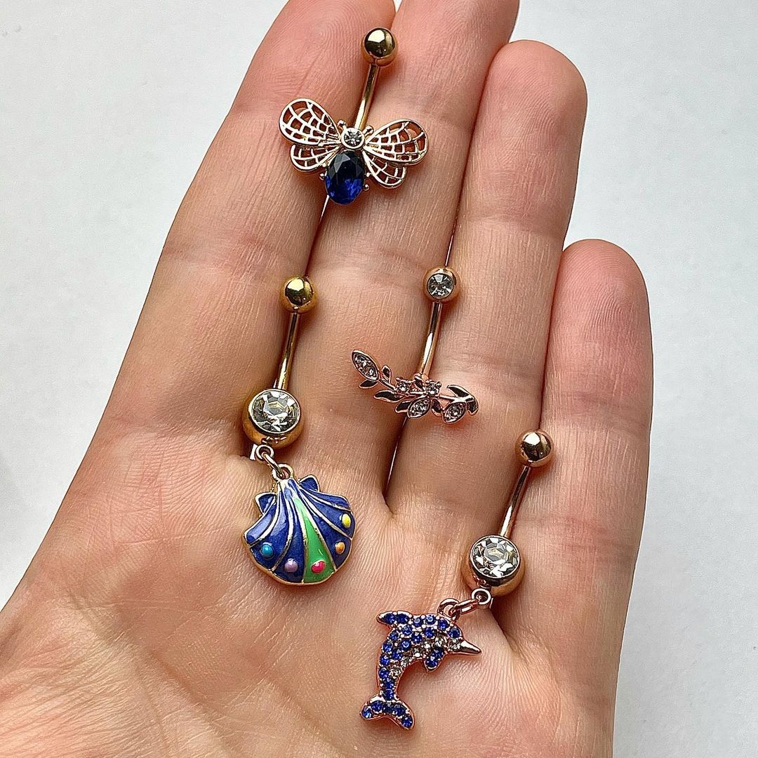 Clear Gem Rose Gold Tone Branch Leaf Belly Ring - Image 2