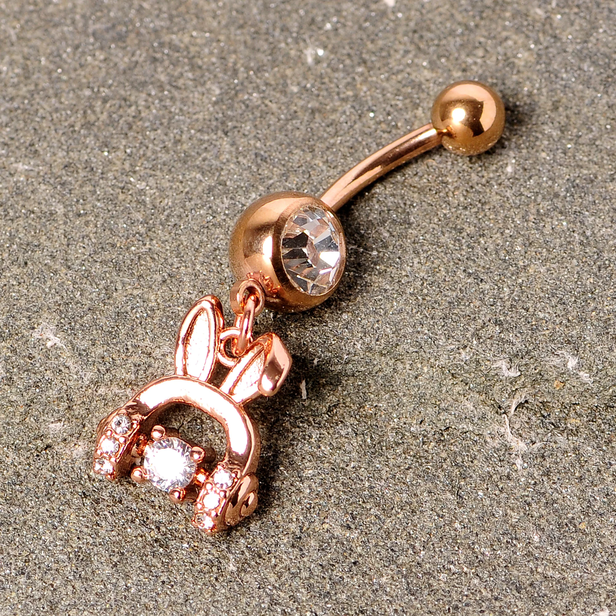 Clear Gem Rose Gold Tone Bunny Ear Headphones Dangle Belly Ring - Image 2