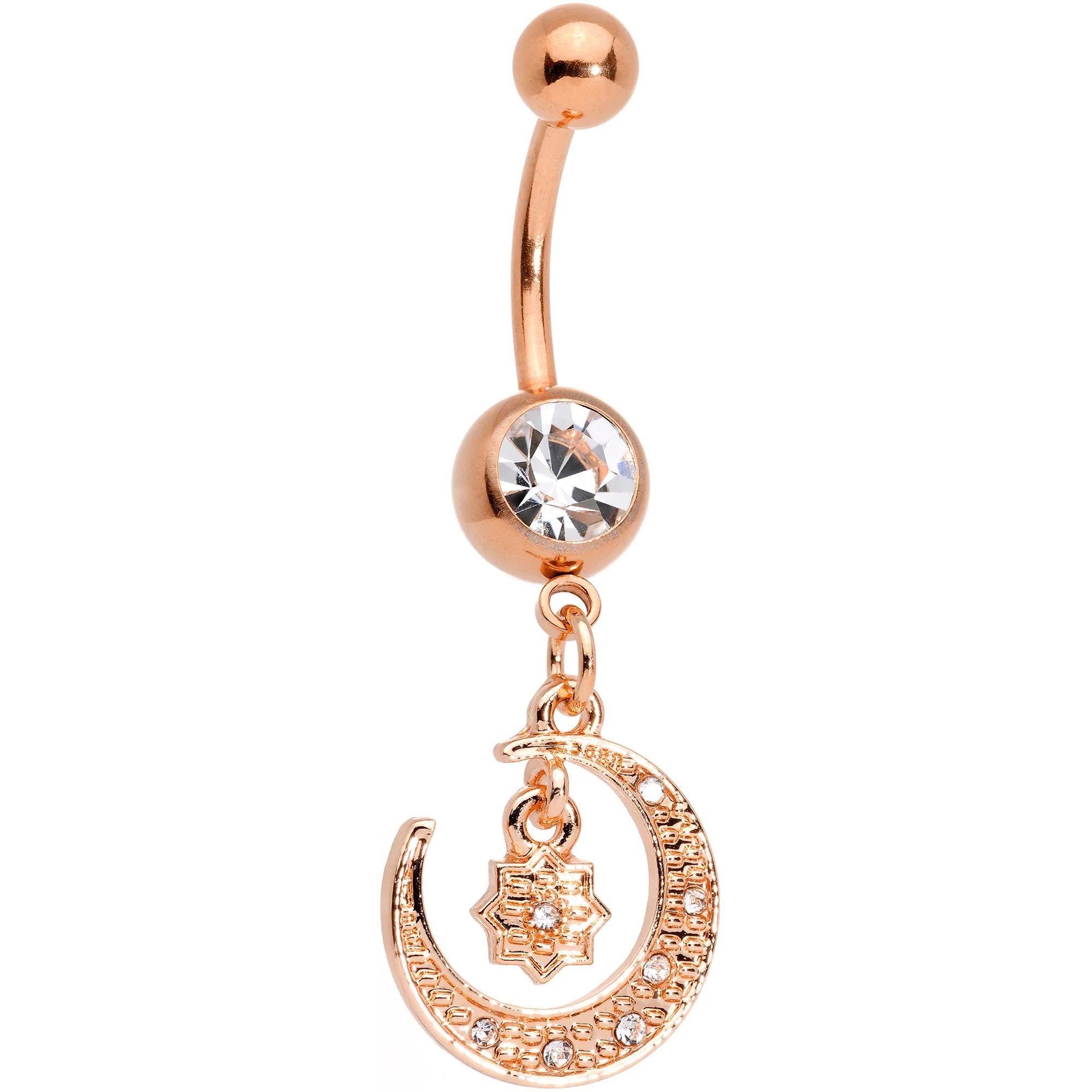 Clear Gem Rose Gold Tone Celestial Star Moon Dangle Belly Ring Set - Image 2