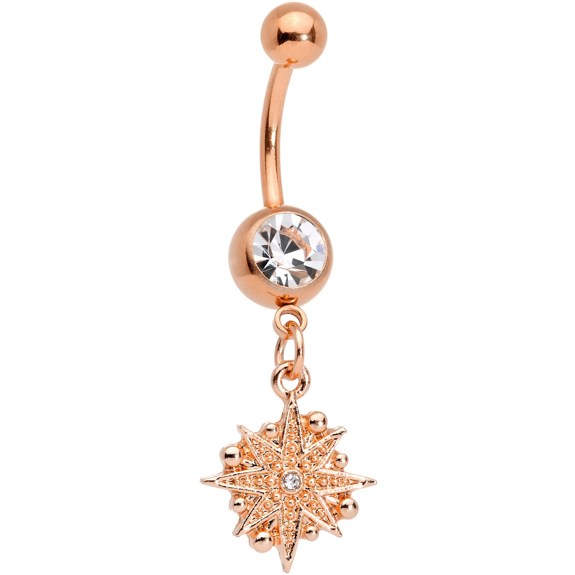 Clear Gem Rose Gold Tone Celestial Star Moon Dangle Belly Ring Set - Image 3