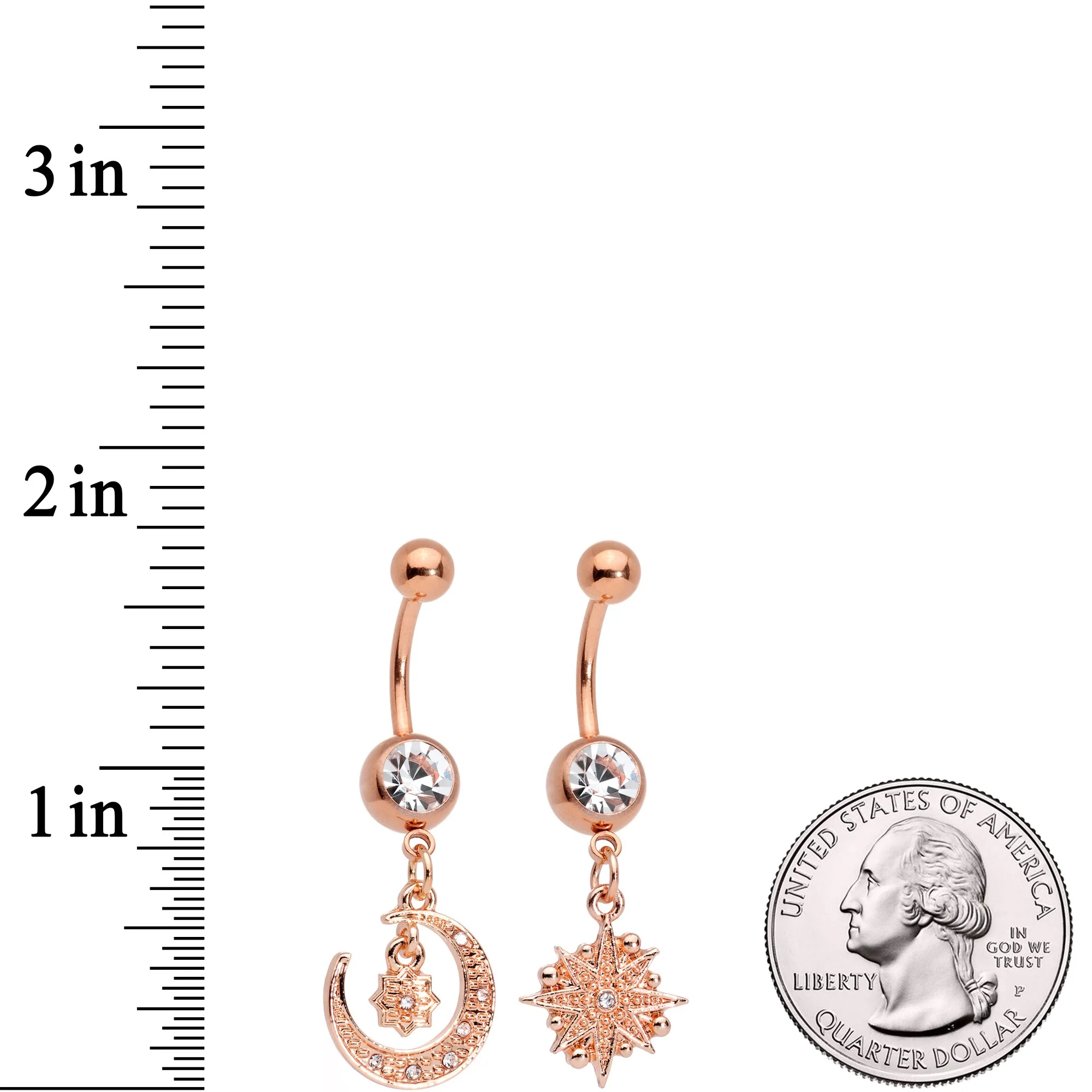 Clear Gem Rose Gold Tone Celestial Star Moon Dangle Belly Ring Set - Image 4