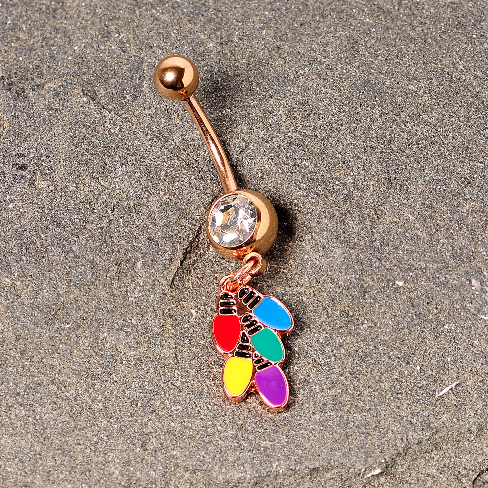 Clear Gem Rose Gold Tone Christmas Lights Holiday Dangle Belly Ring - Image 3
