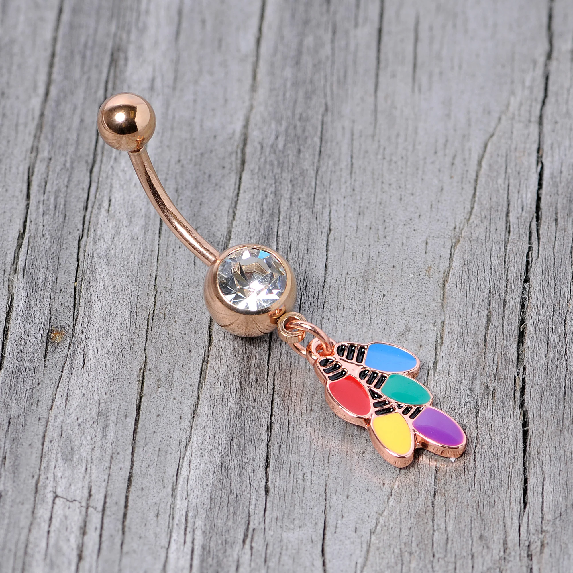 Clear Gem Rose Gold Tone Christmas Lights Holiday Dangle Belly Ring - Image 4