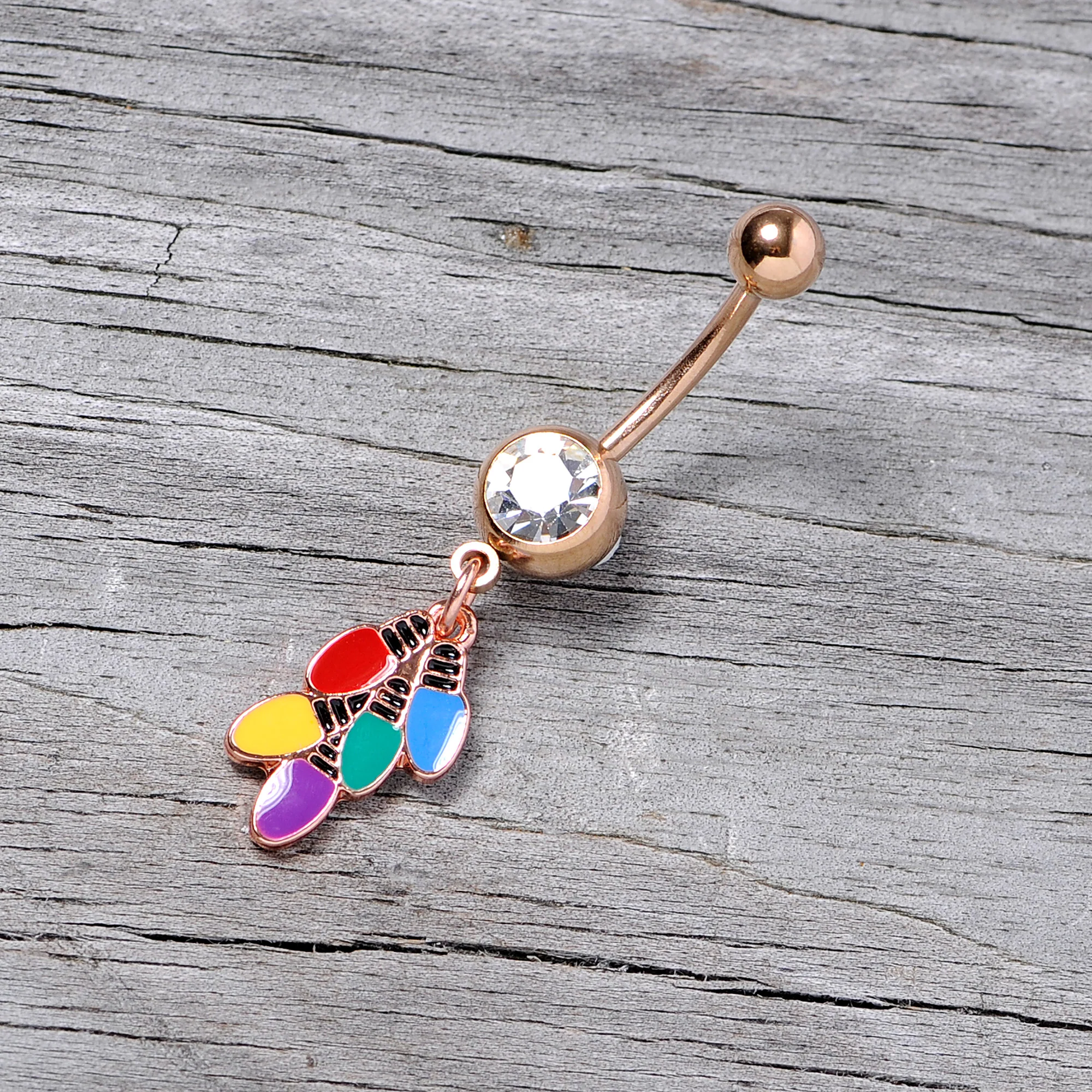 Clear Gem Rose Gold Tone Christmas Lights Holiday Dangle Belly Ring - Image 5