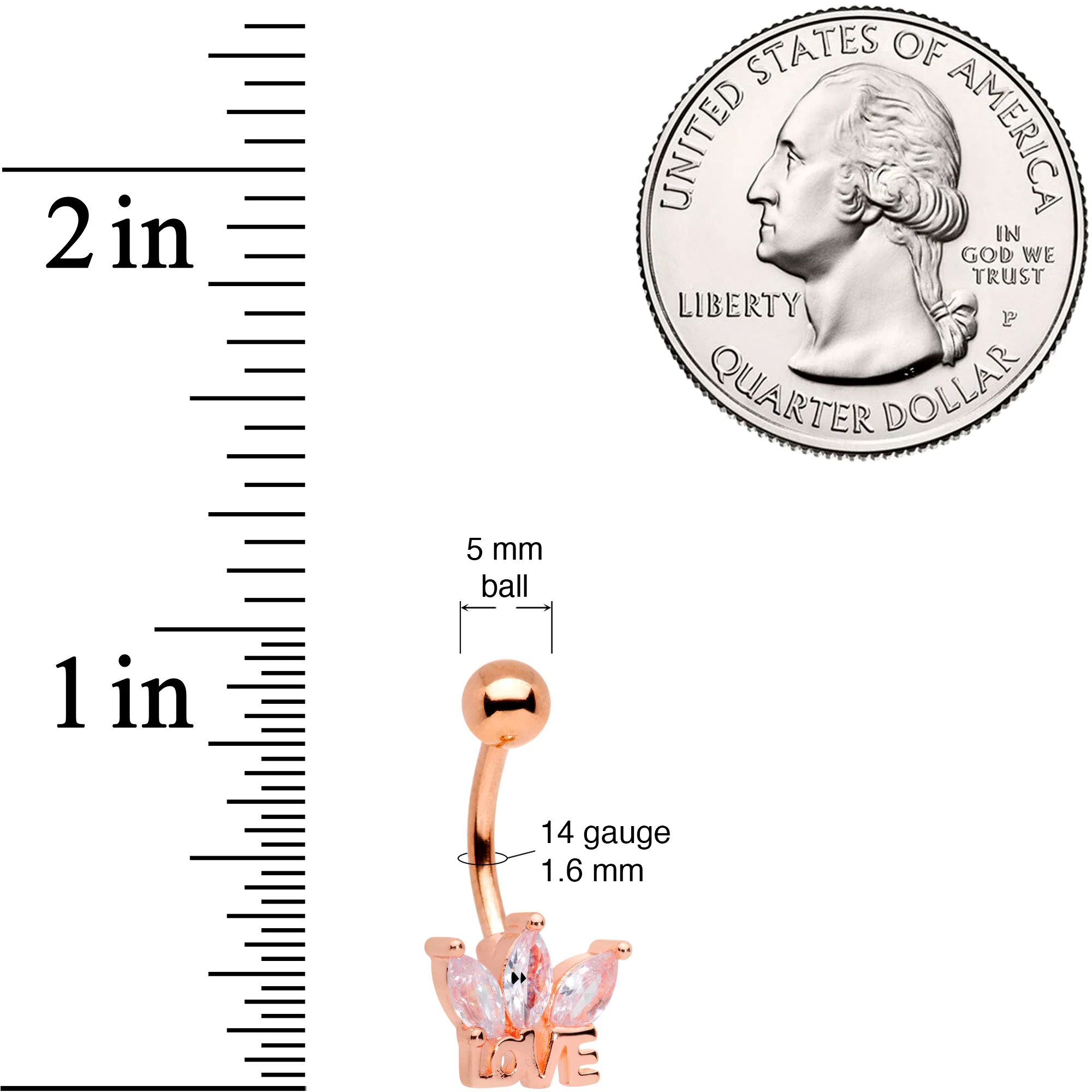 Clear Gem Rose Gold Tone Crown of Love Belly Ring - Image 2