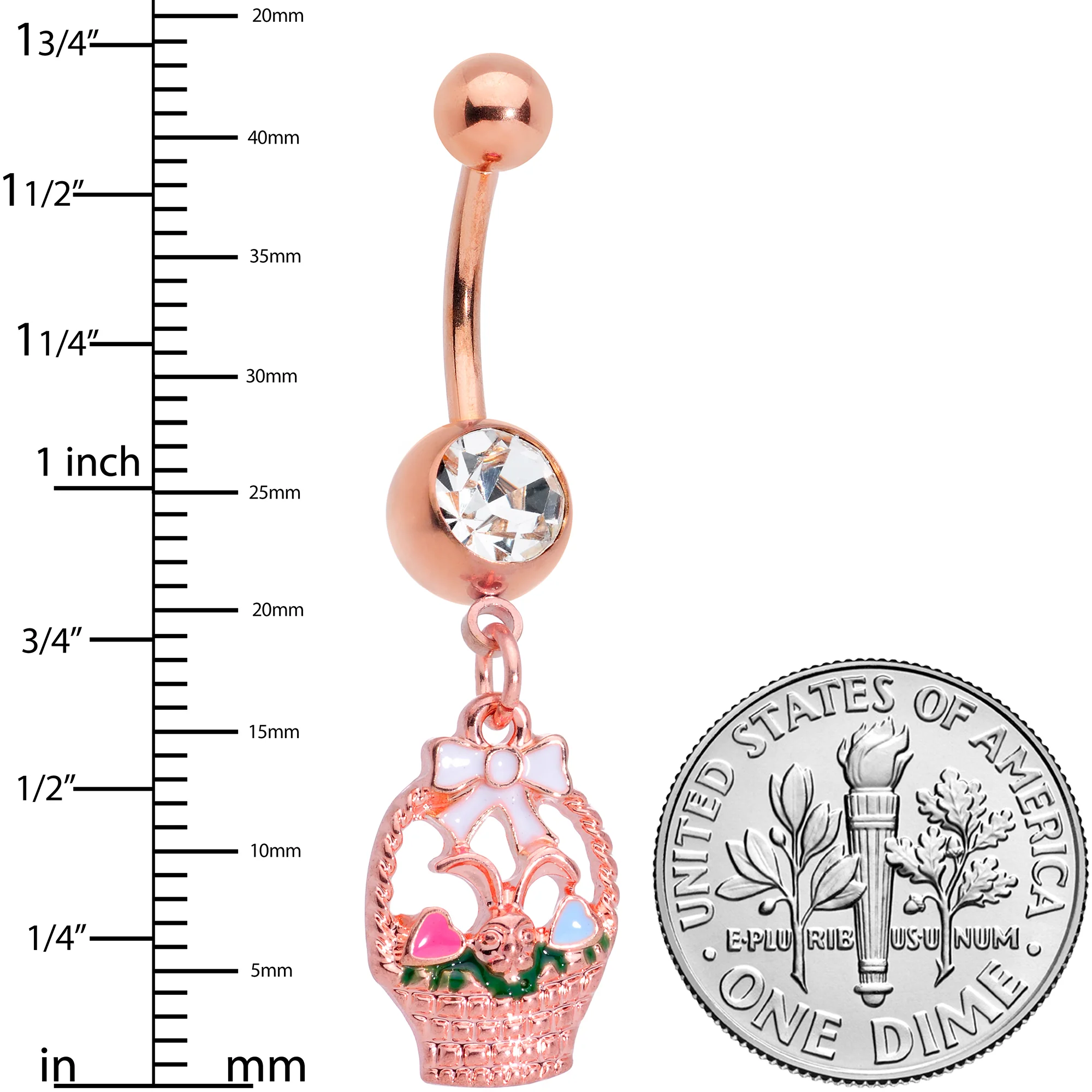 Clear Gem Rose Gold Tone Easter Basket Dangle Belly Ring - Image 2