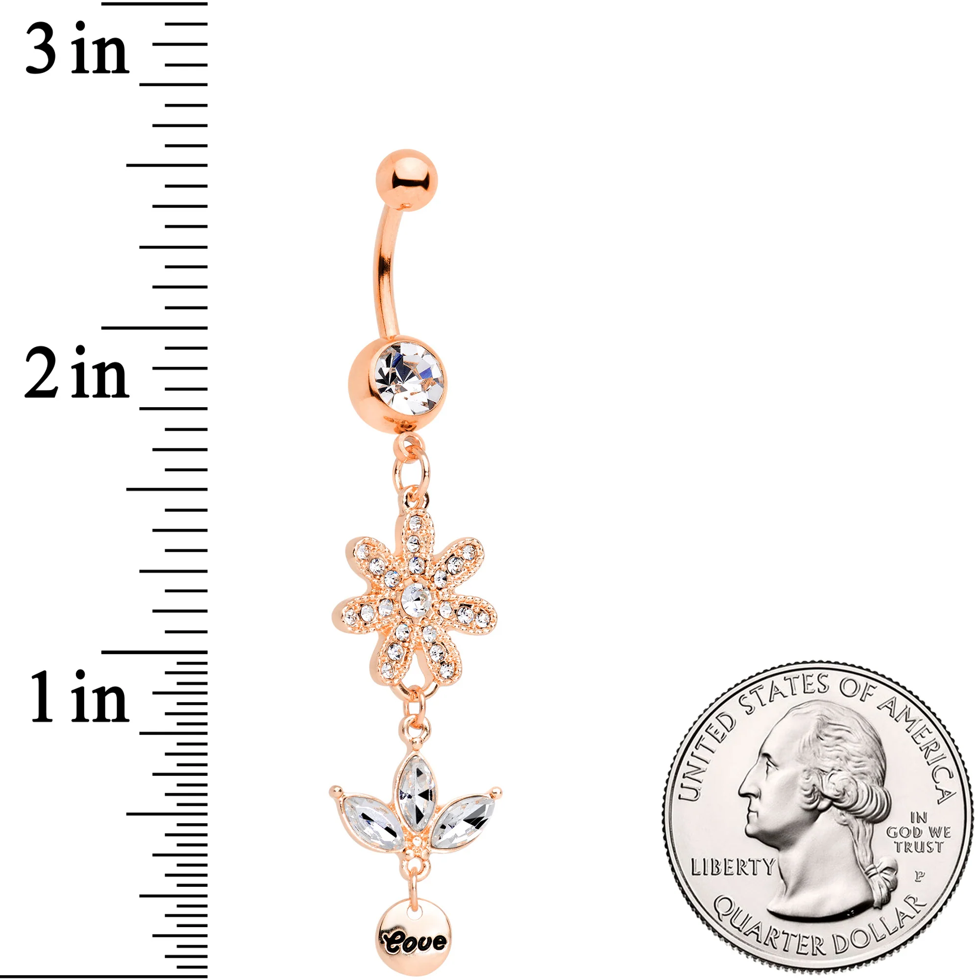 Clear Gem Rose Gold Tone Flower Leaves Love Dangle Belly Ring - Image 2