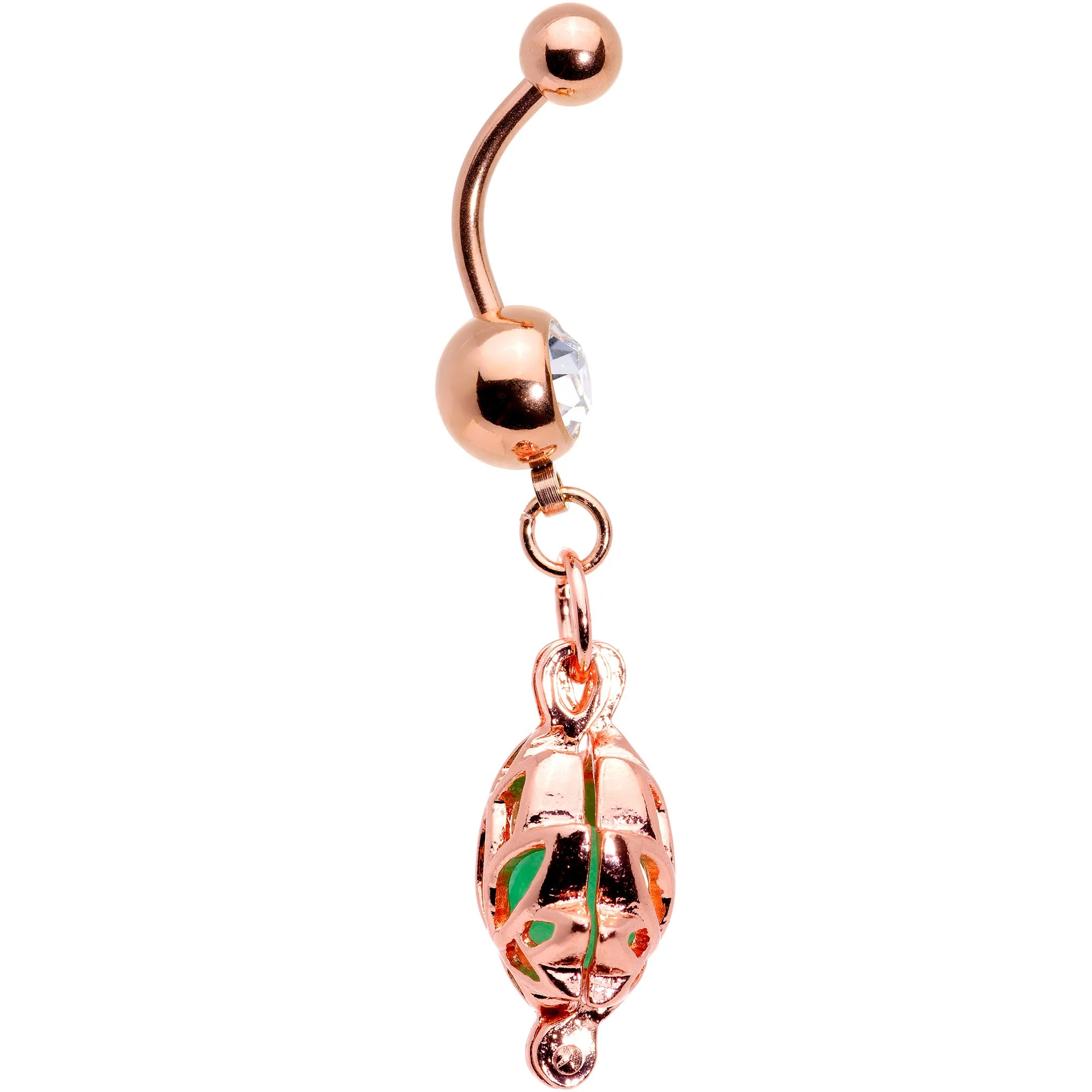Clear Gem Rose Gold Tone Glow in the Dark Lotus Flower Dangle Belly Ring - Image 2