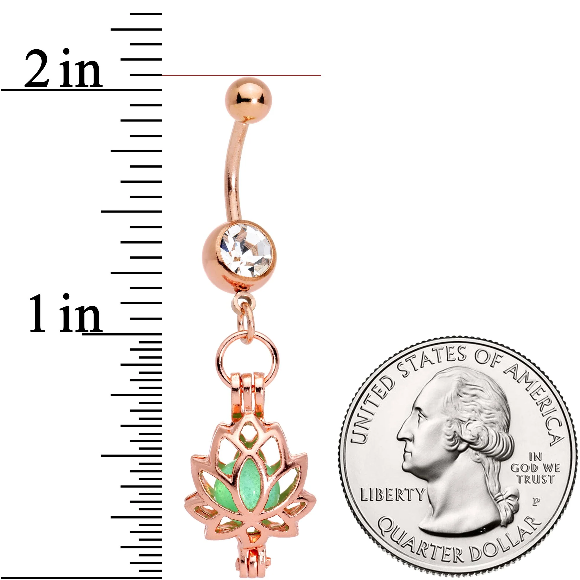 Clear Gem Rose Gold Tone Glow in the Dark Lotus Flower Dangle Belly Ring - Image 3