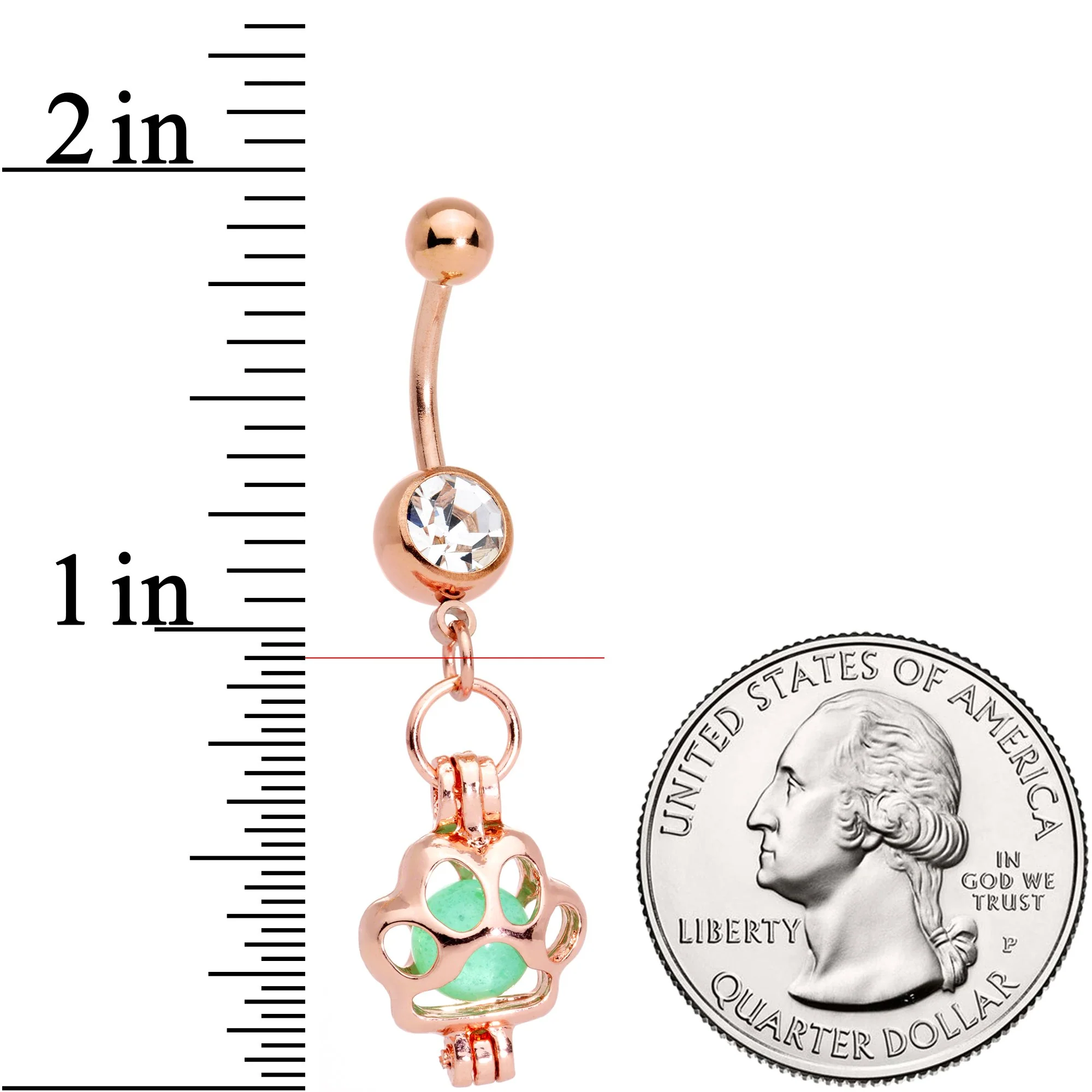 Clear Gem Rose Gold Tone Glow in the Dark Paw Print Dangle Belly Ring - Image 3