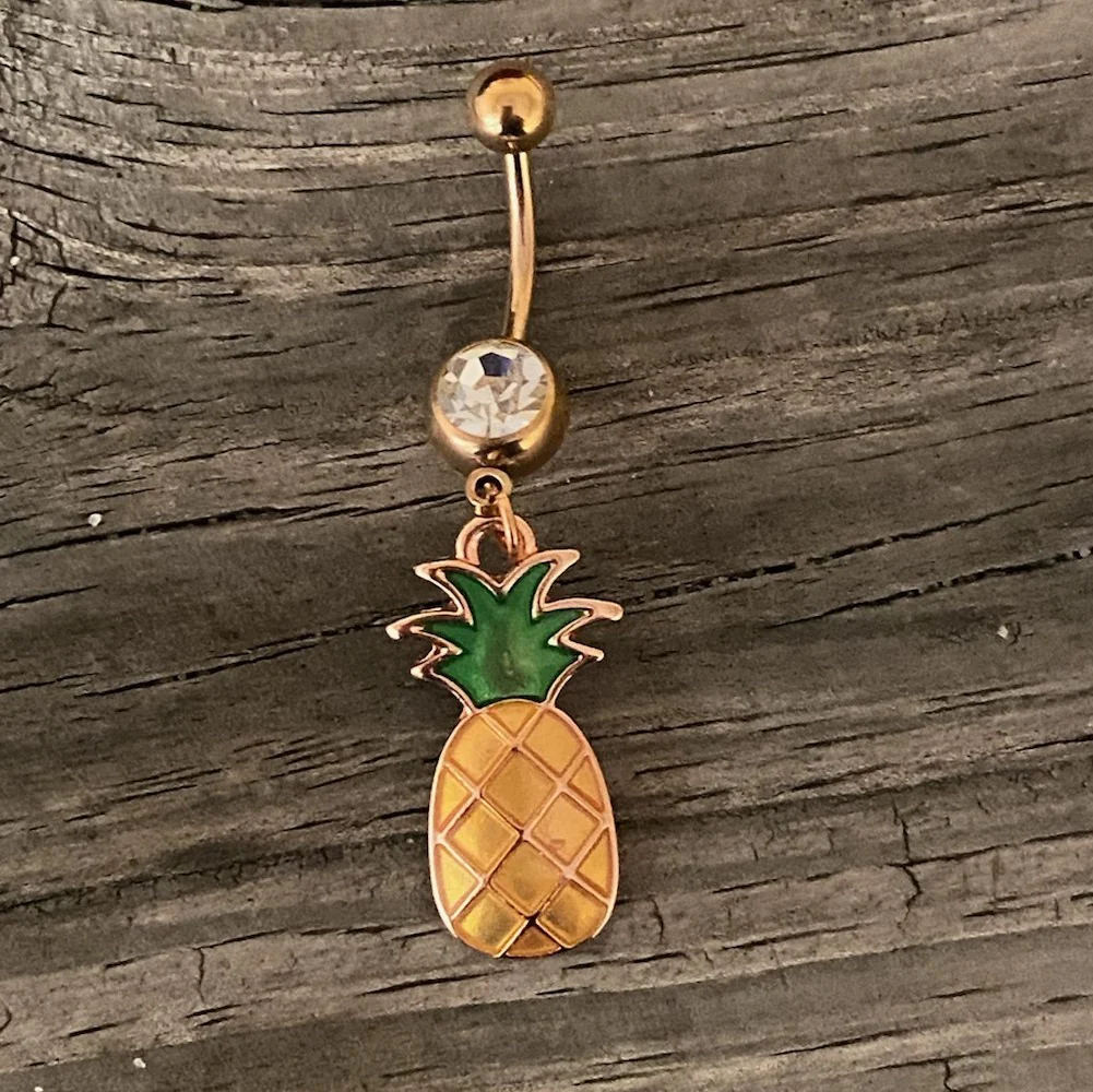 Clear Gem Rose Gold Tone Pineapple Dangle Belly Ring - Image 2