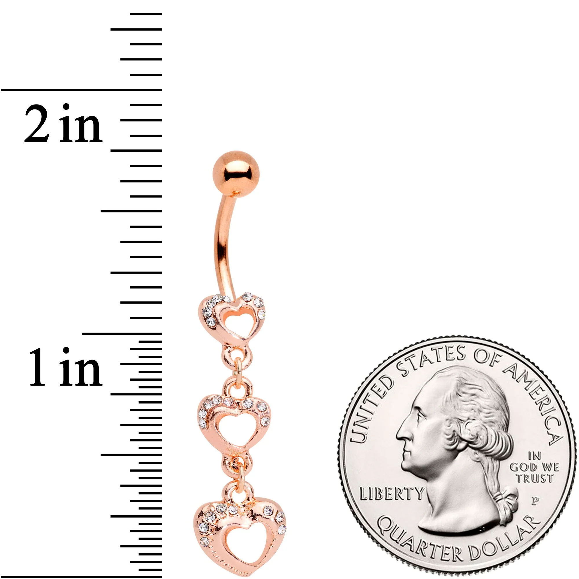 Clear Gem Rose Gold Tone Hanging Hearts Dangle Belly Ring - Image 2