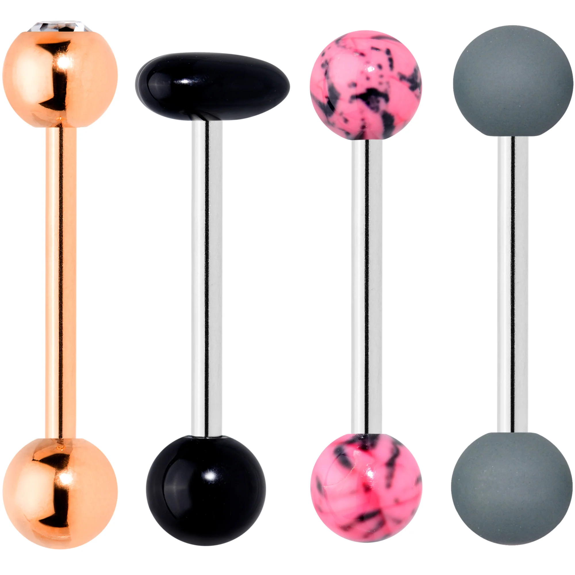 Clear Gem Rose Gold Tone Heart Pink Grey Barbell Tongue Ring Set of 4 - Image 6