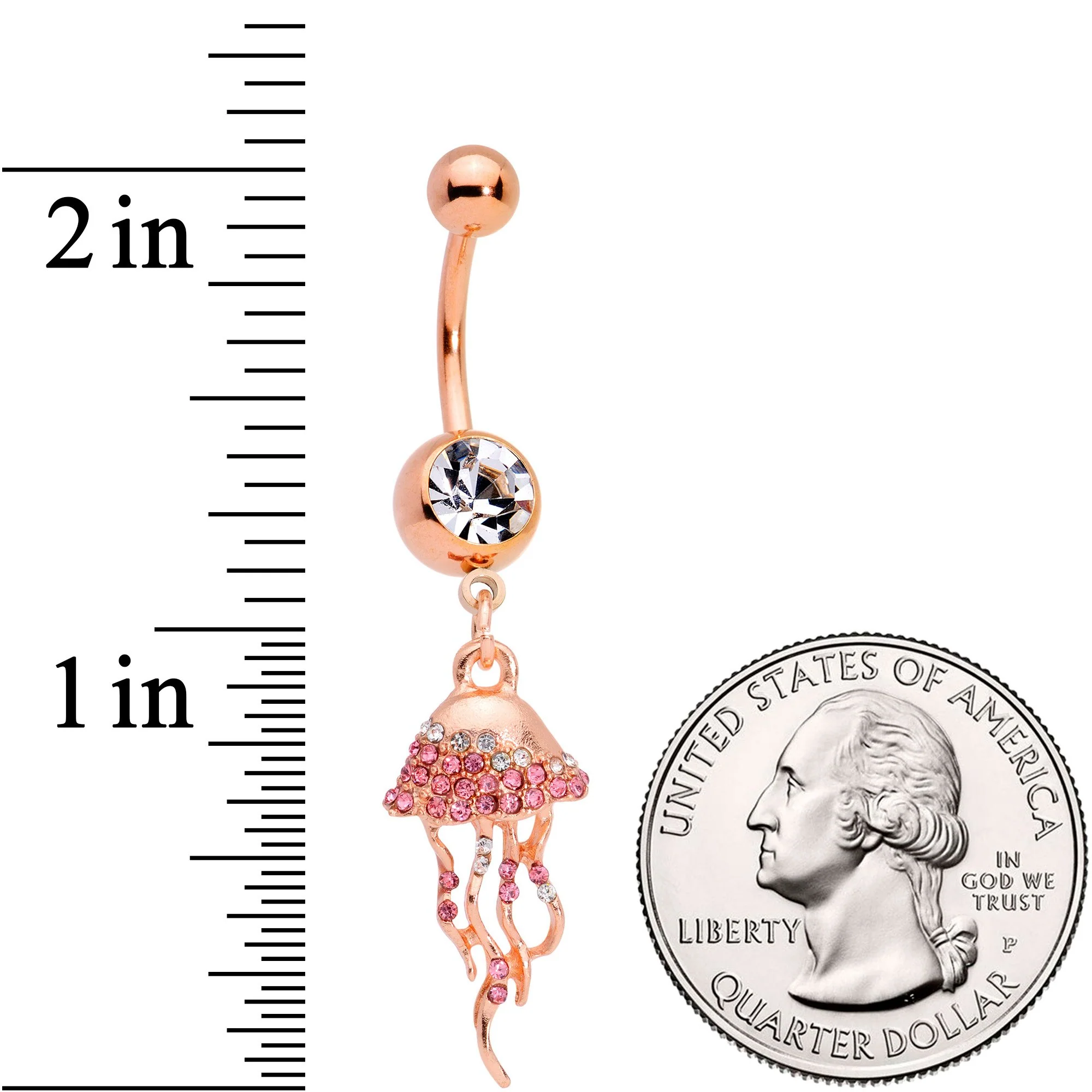 Clear Gem Rose Gold Tone Joyous Jellyfish Dangle Belly Ring - Image 2