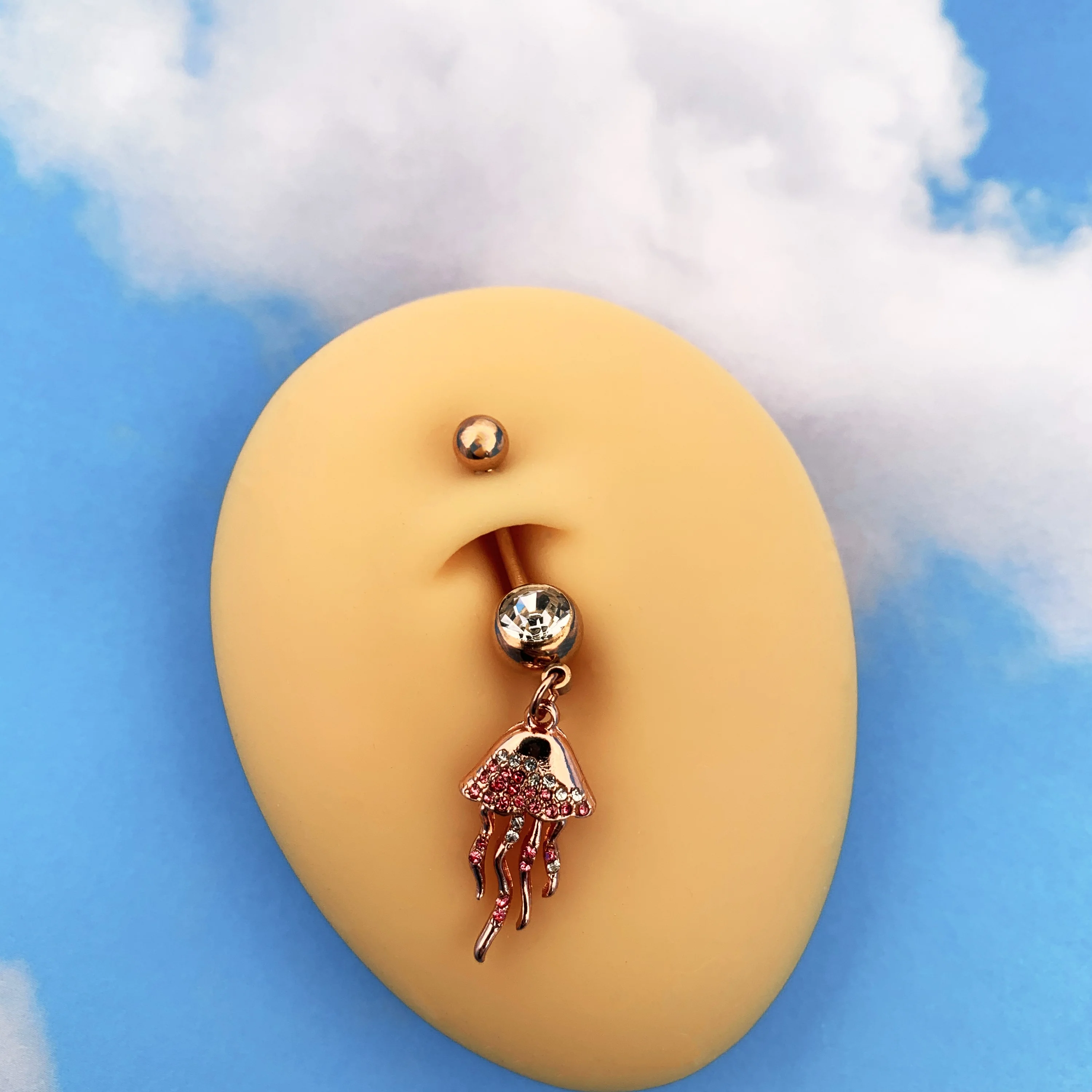 Clear Gem Rose Gold Tone Joyous Jellyfish Dangle Belly Ring - Image 3