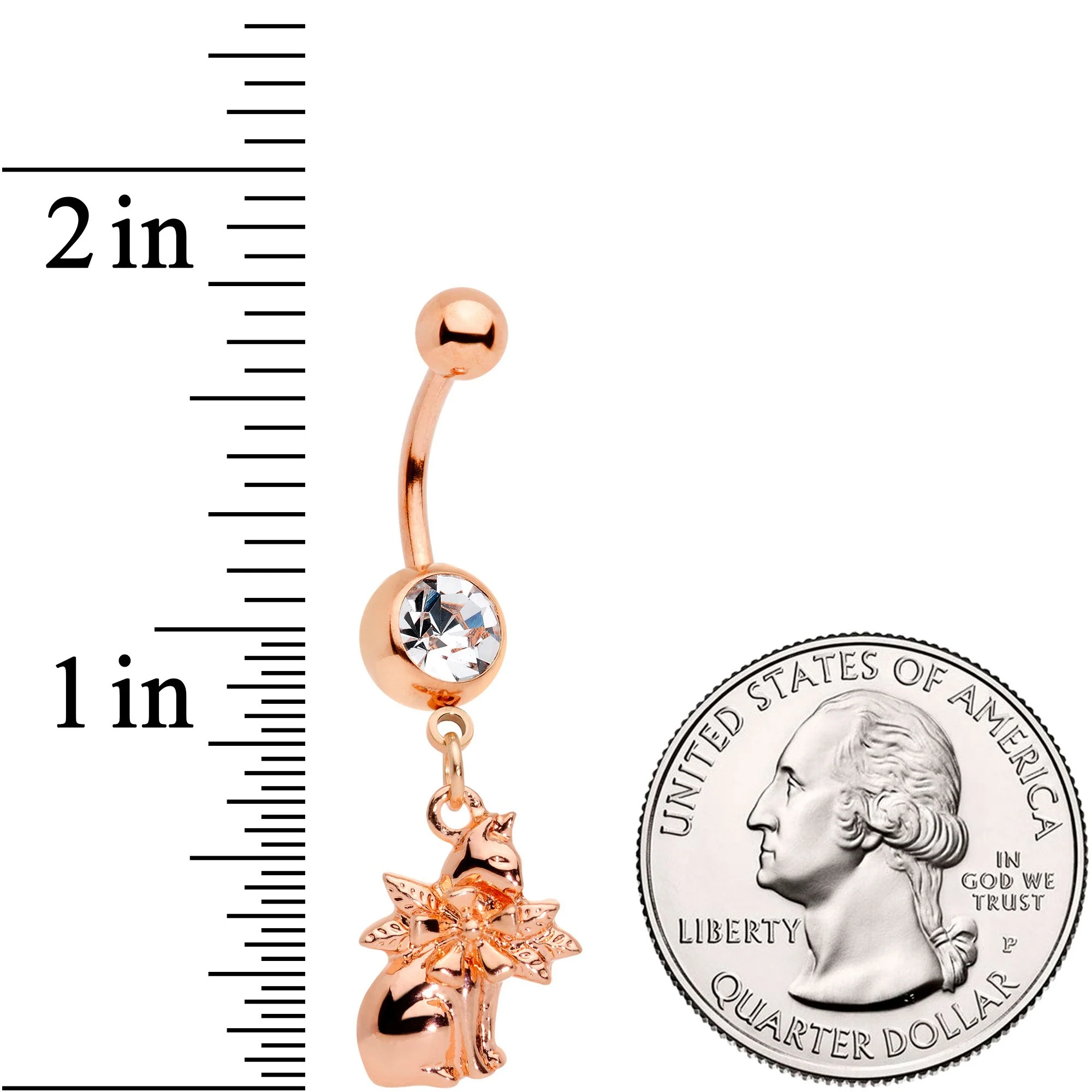 Clear Gem Rose Gold Tone Kitty Cat With A Corsage Dangle Belly Ring - Image 2
