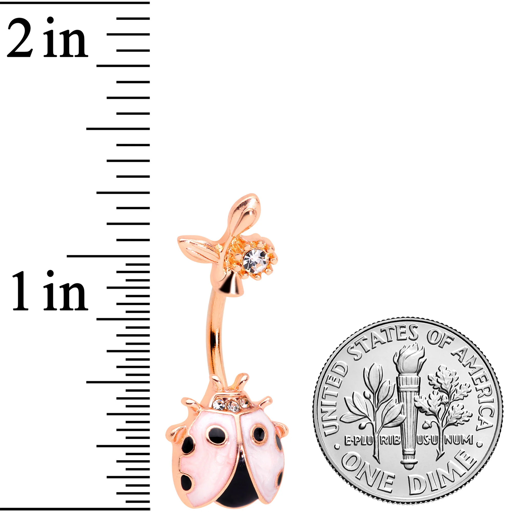 Clear Gem Rose Gold Tone Ladybug Tiny Flower Belly Ring - Image 2