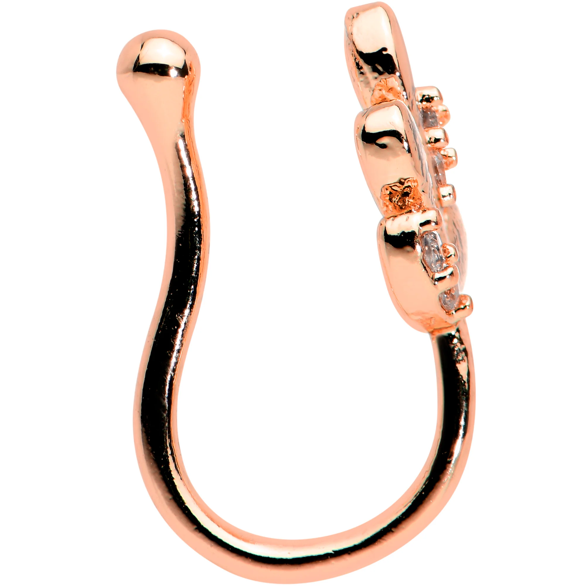 Clear Gem Rose Gold Tone Leaves of Love Clip On Fake Nose Ring - Image 3