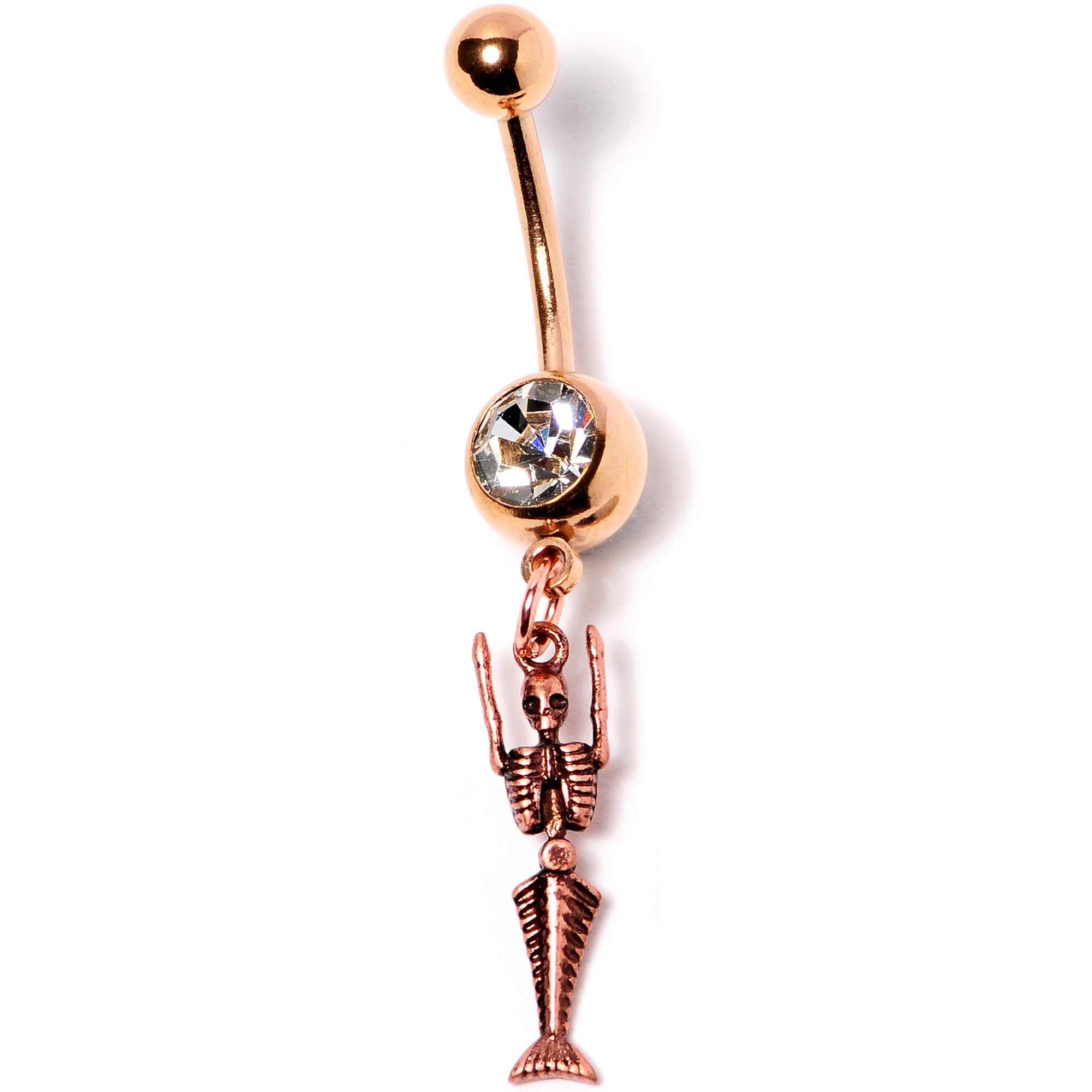 Clear Gem Rose Gold Tone Mermaid Skeleton Halloween Dangle Belly Ring - Image 3