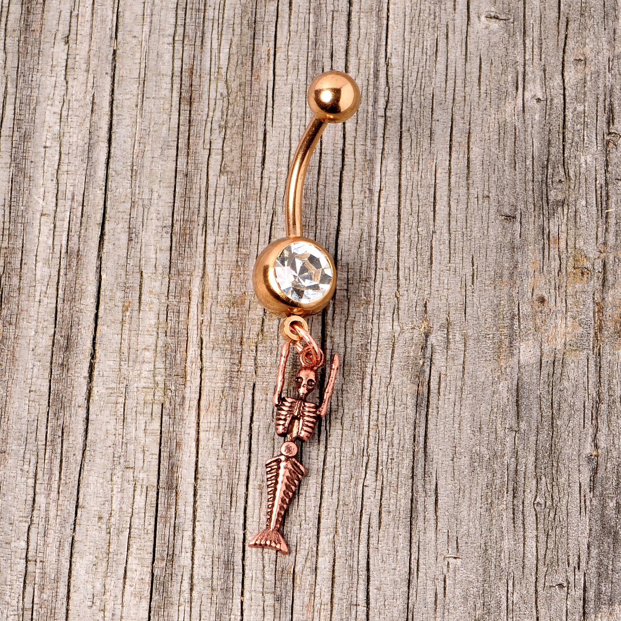 Clear Gem Rose Gold Tone Mermaid Skeleton Halloween Dangle Belly Ring - Image 4