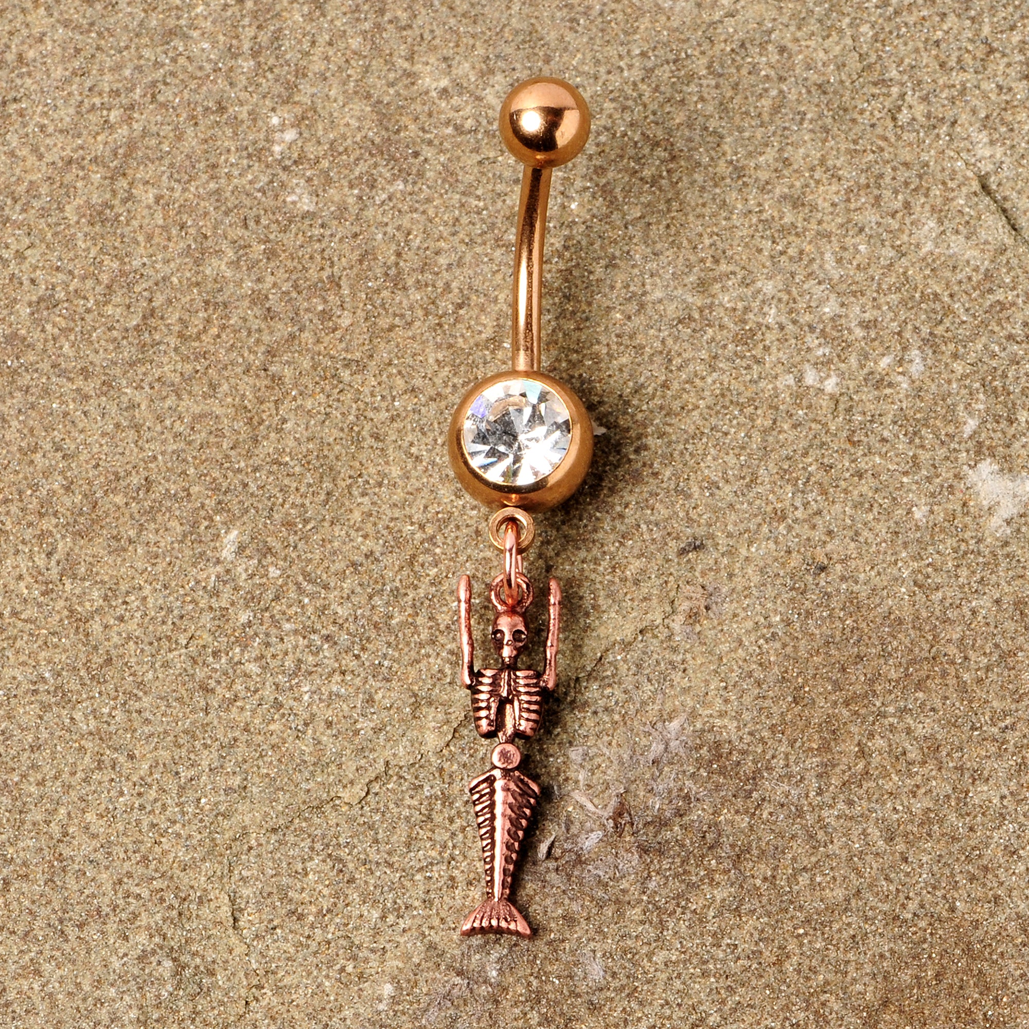 Clear Gem Rose Gold Tone Mermaid Skeleton Halloween Dangle Belly Ring - Image 5