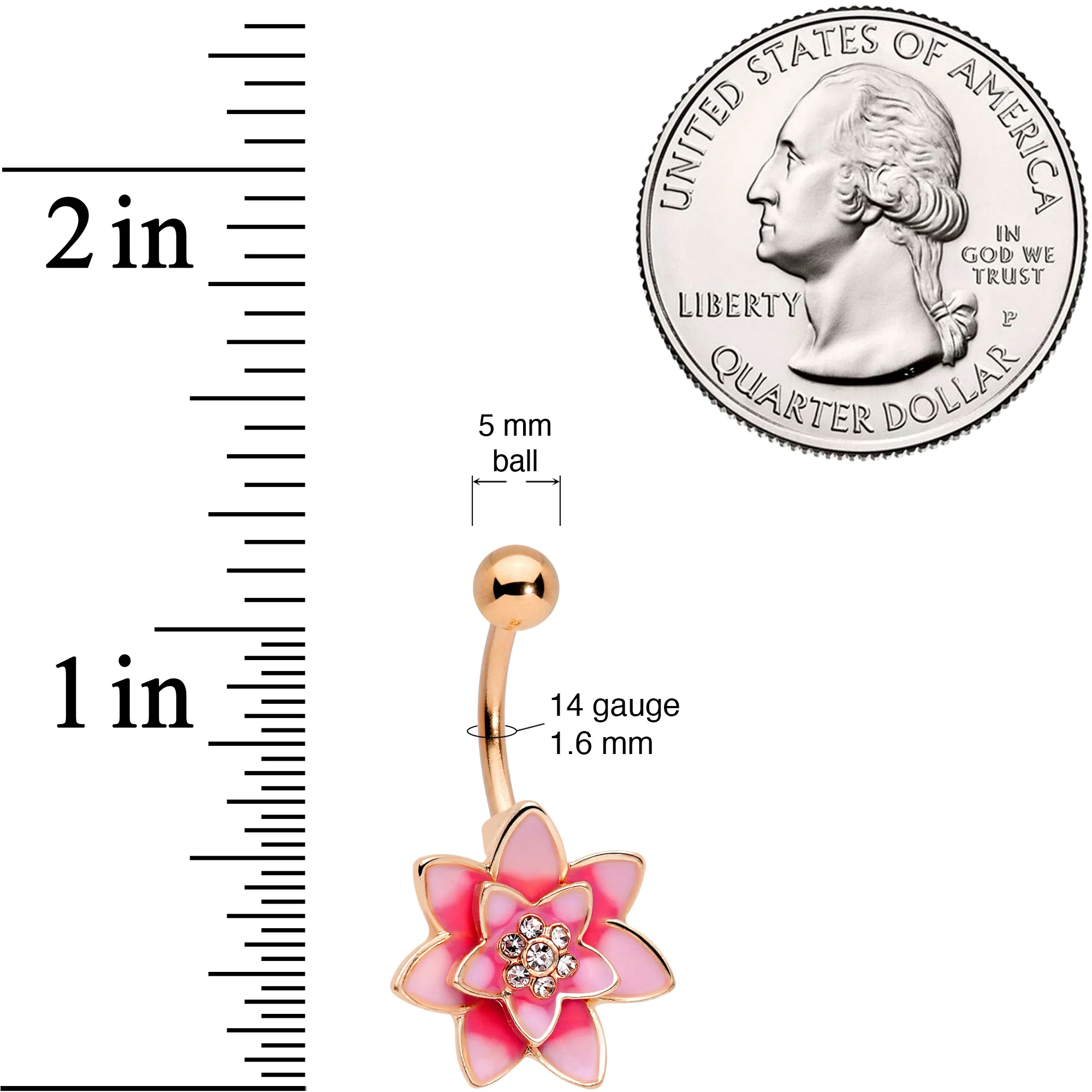 Clear Gem Rose Gold Tone Pink Red Rose Flower Belly Ring - Image 2
