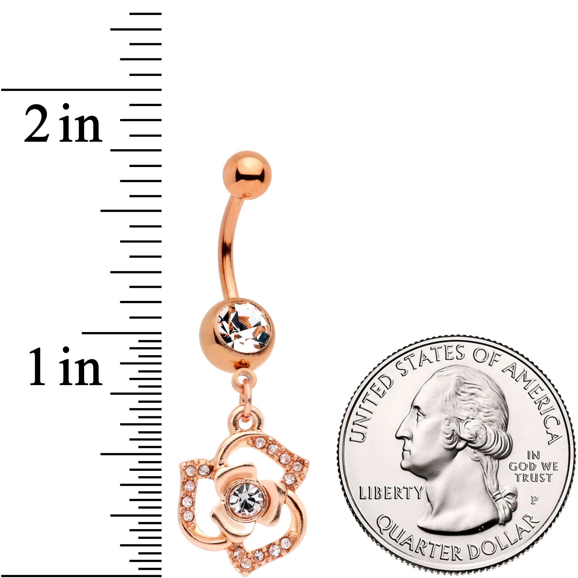 Clear Gem Rose Gold Tone Single Rose Dangle Belly Ring - Image 2