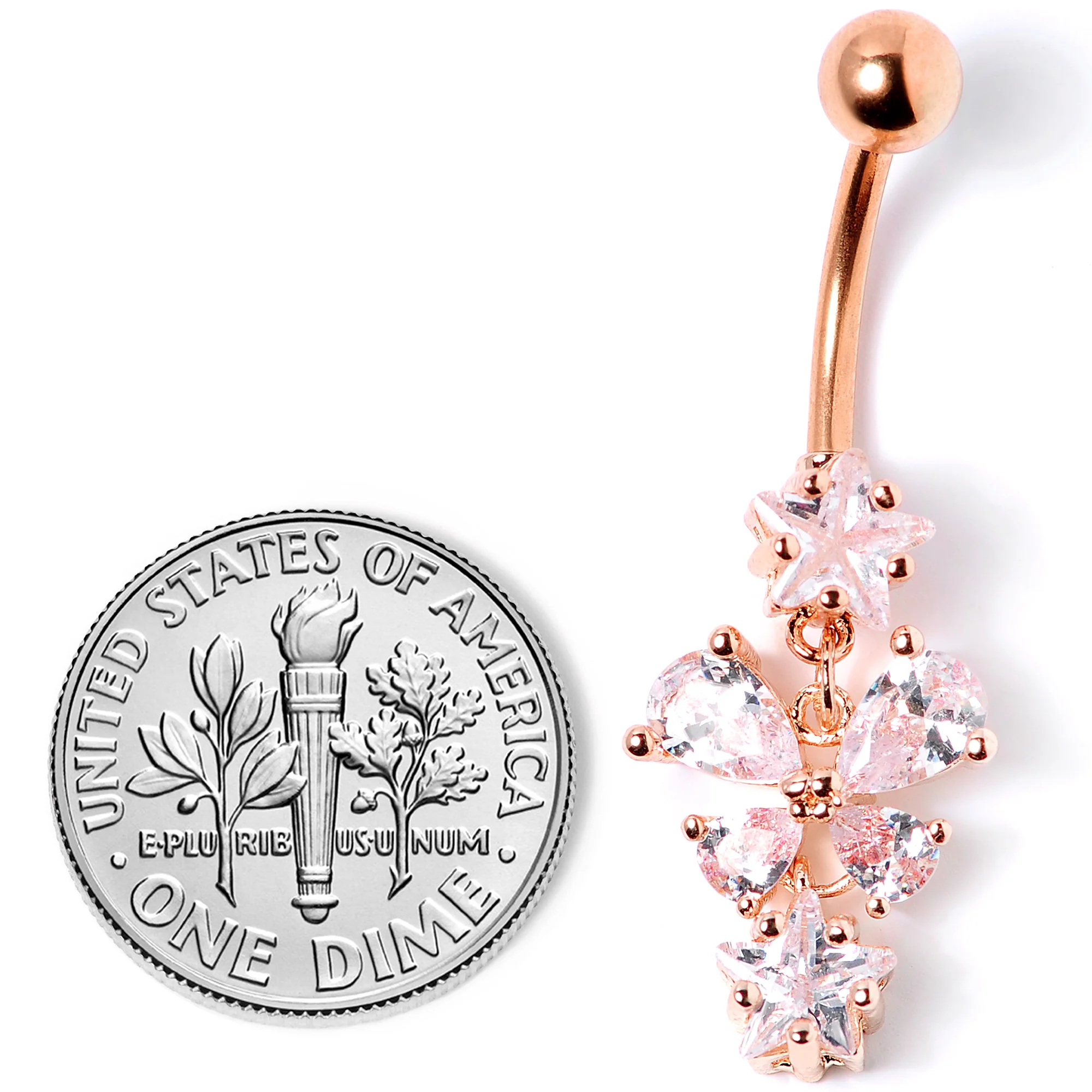 Clear Gem Rose Gold Tone Star and Bow Dangle Belly Ring - Image 5