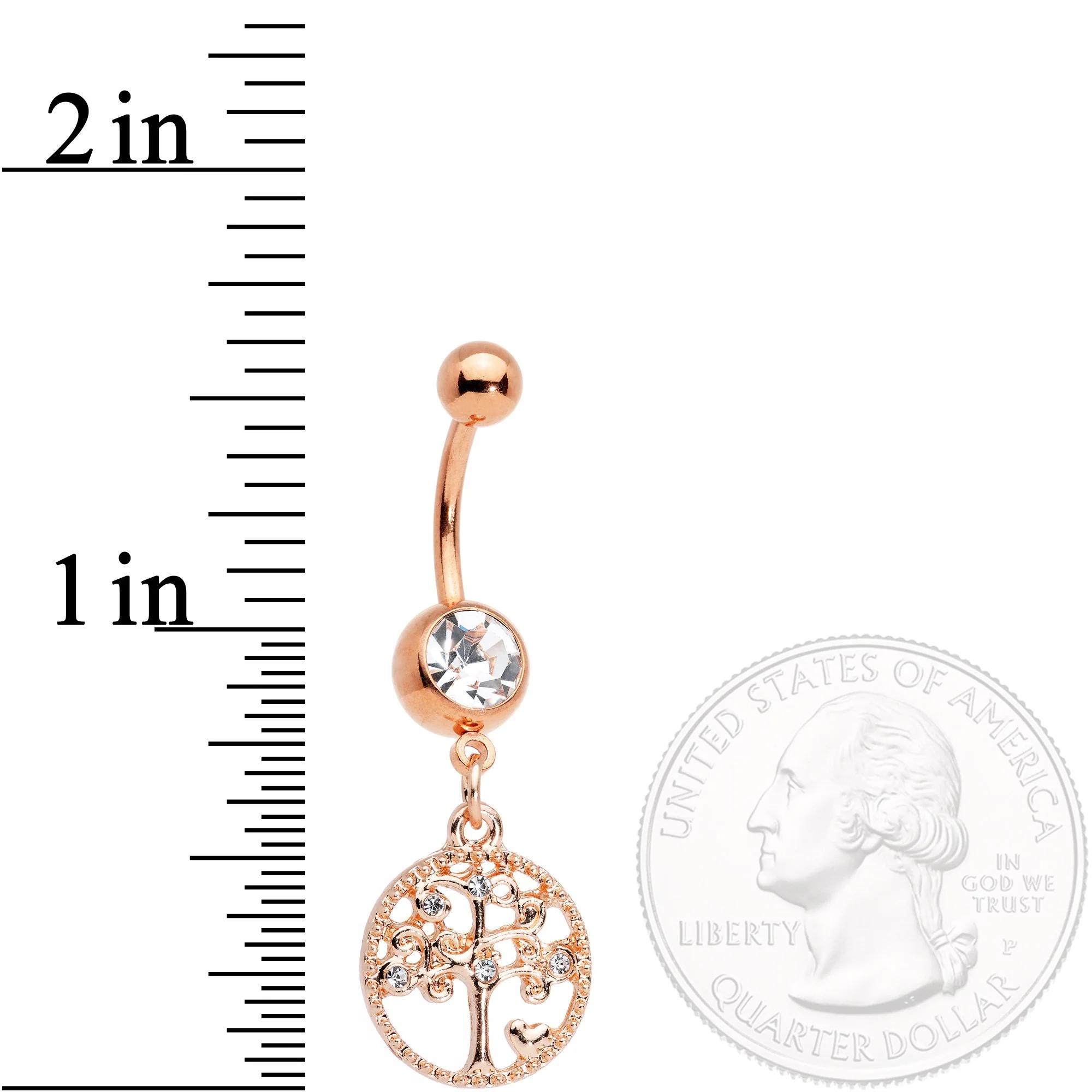 Clear Gem Rose Gold Tone Tree of Life Dangle Belly Ring - Image 2