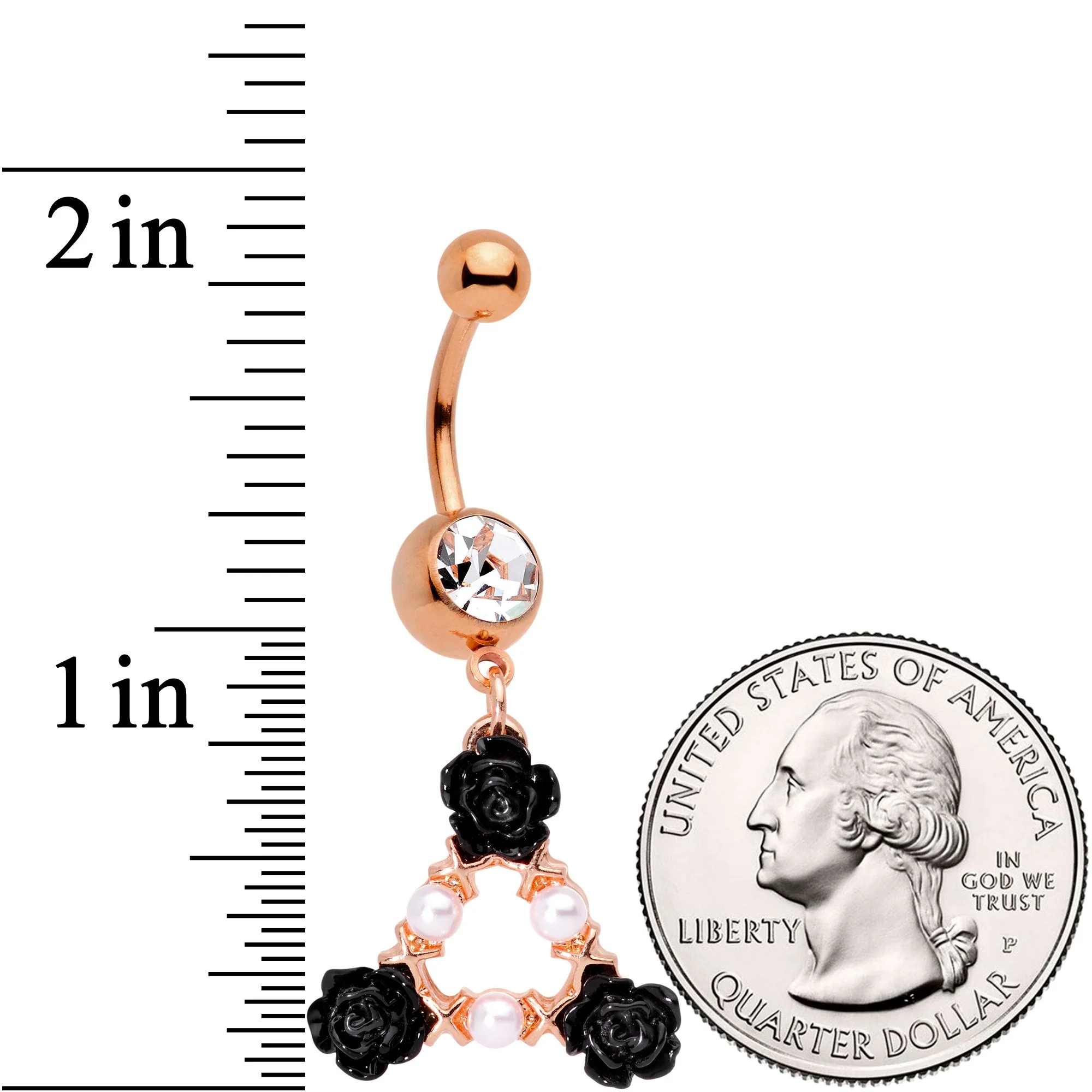 Clear Gem Rose Gold Tone Triple Flower Triangle Dangle Belly Ring - Image 2