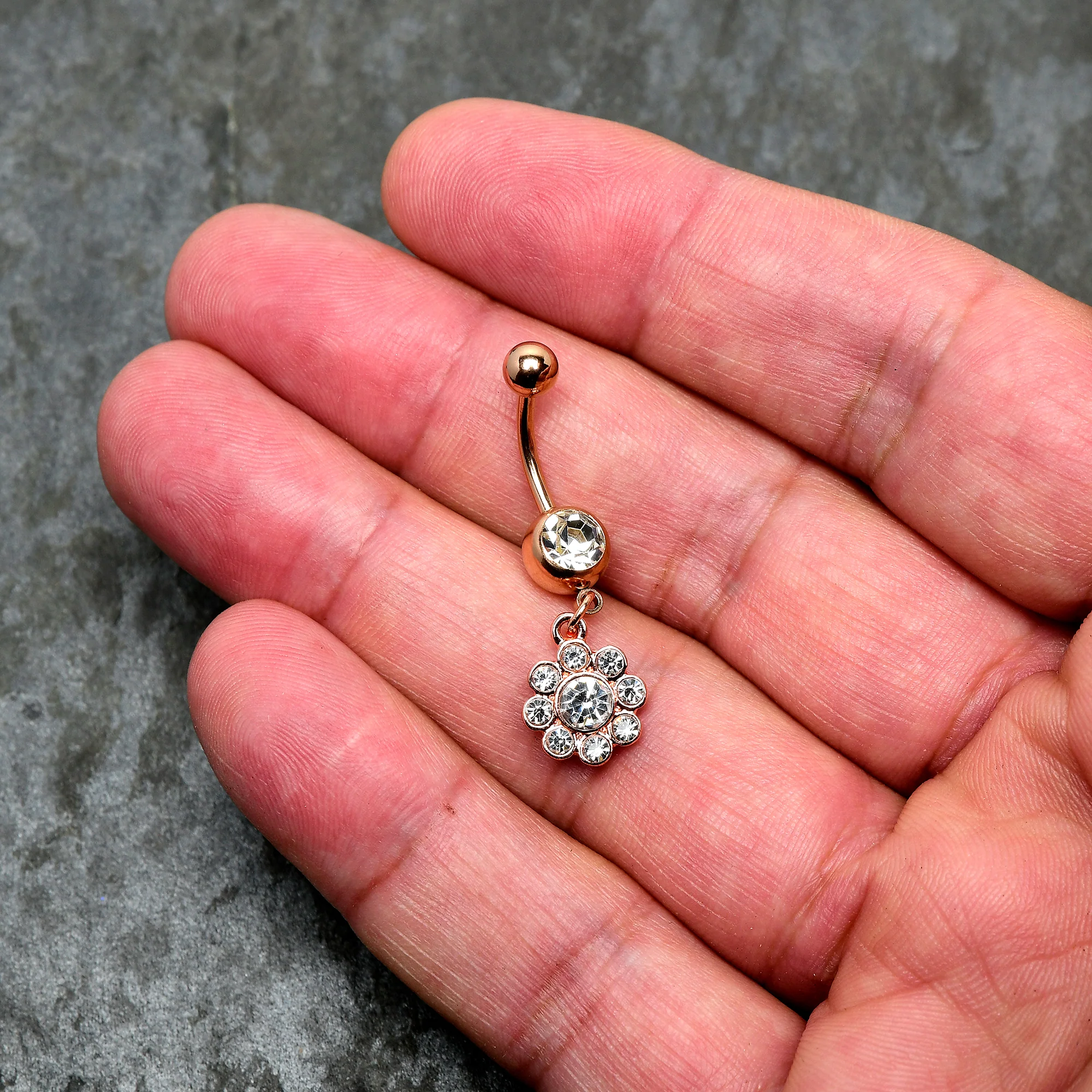 Clear Gem Rose Gold Tone Whimsy Flower Dangle Belly Ring - Image 2