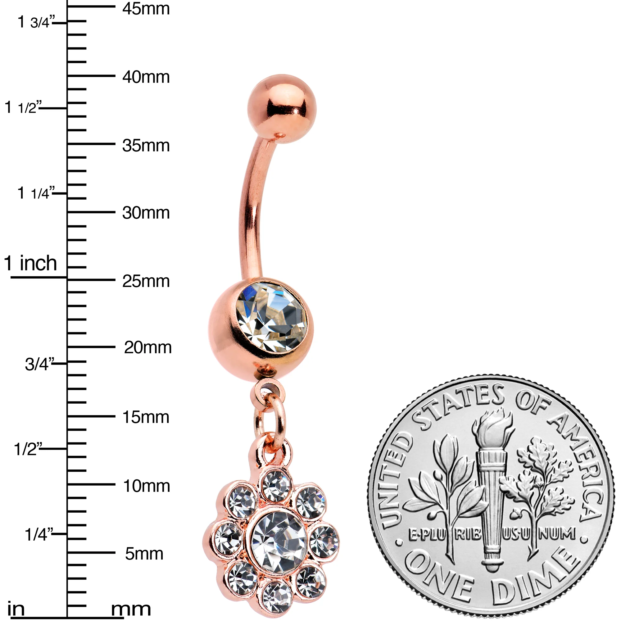Clear Gem Rose Gold Tone Whimsy Flower Dangle Belly Ring - Image 3