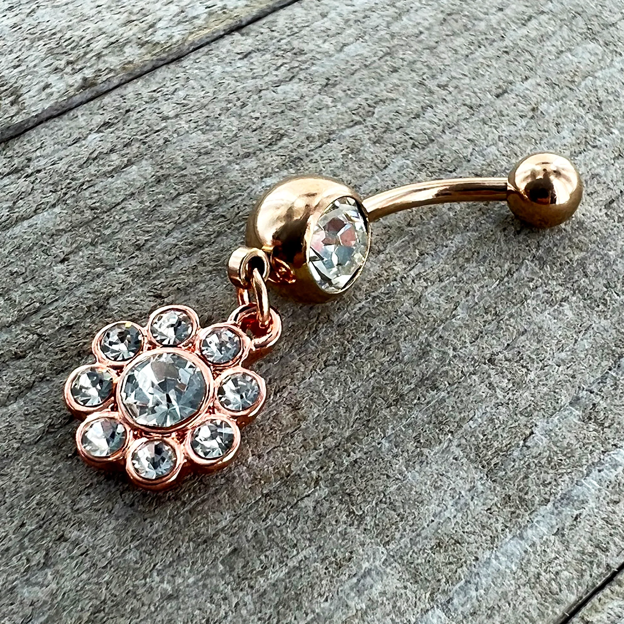Clear Gem Rose Gold Tone Whimsy Flower Dangle Belly Ring - Image 5